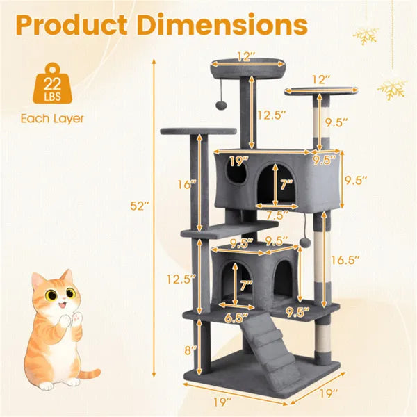 52" Tall Multi-Cat Tower with Perches & Condos, Light Gray