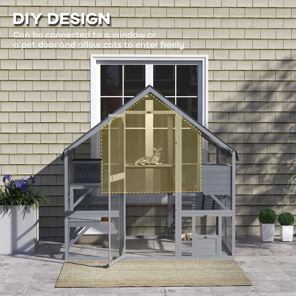 Wooden Catio with Waterproof Cover, 2 Condos, Gray