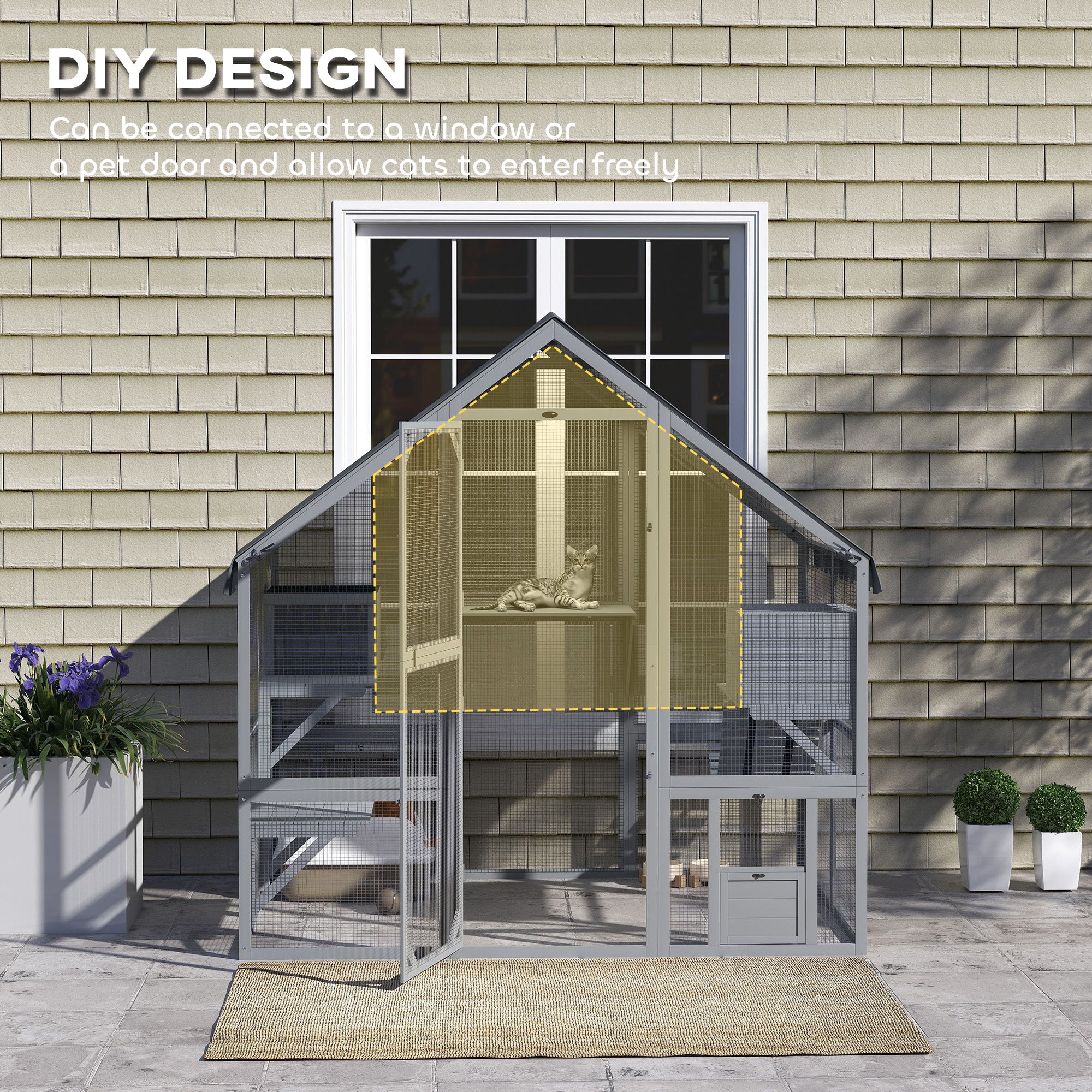 Wooden Catio with Waterproof Cover, 2 Condos, Gray