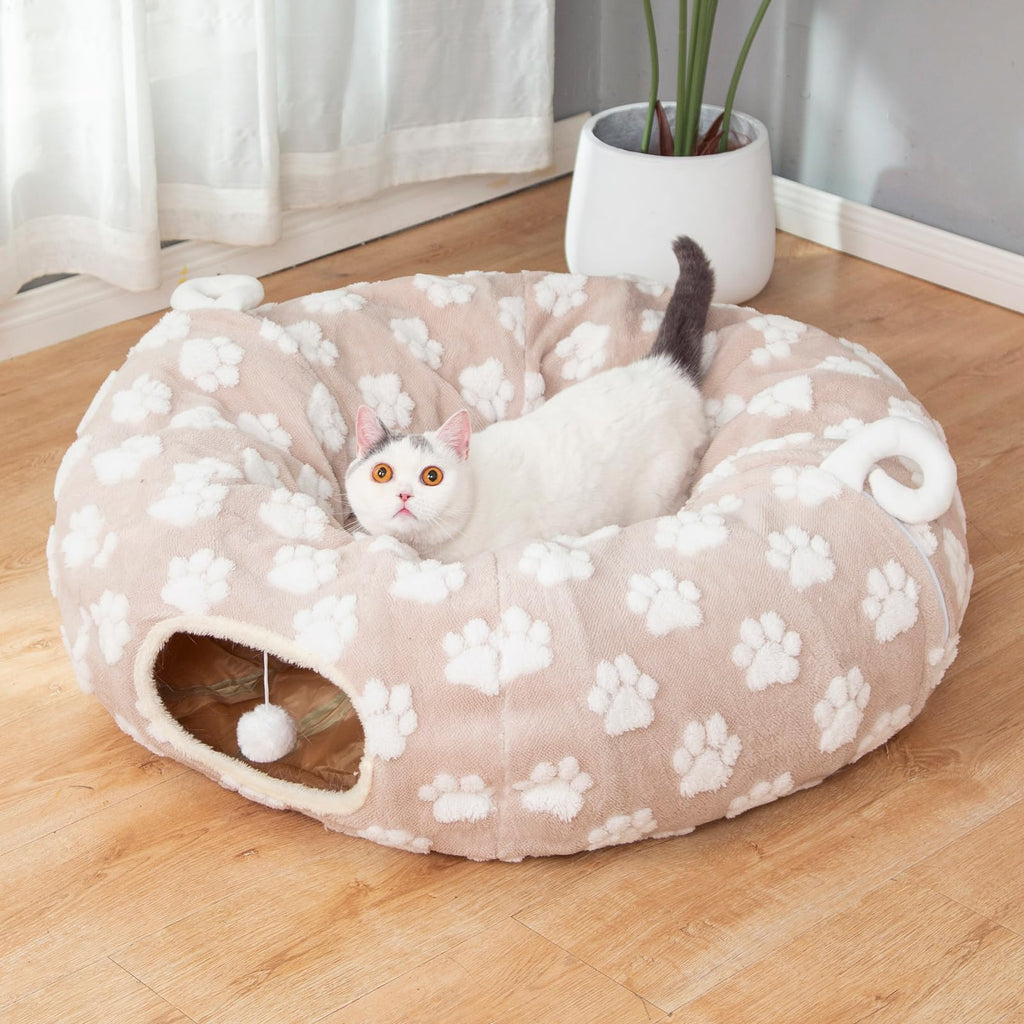 Cat Tunnel & Bed - Jacquard Plush - Khaki