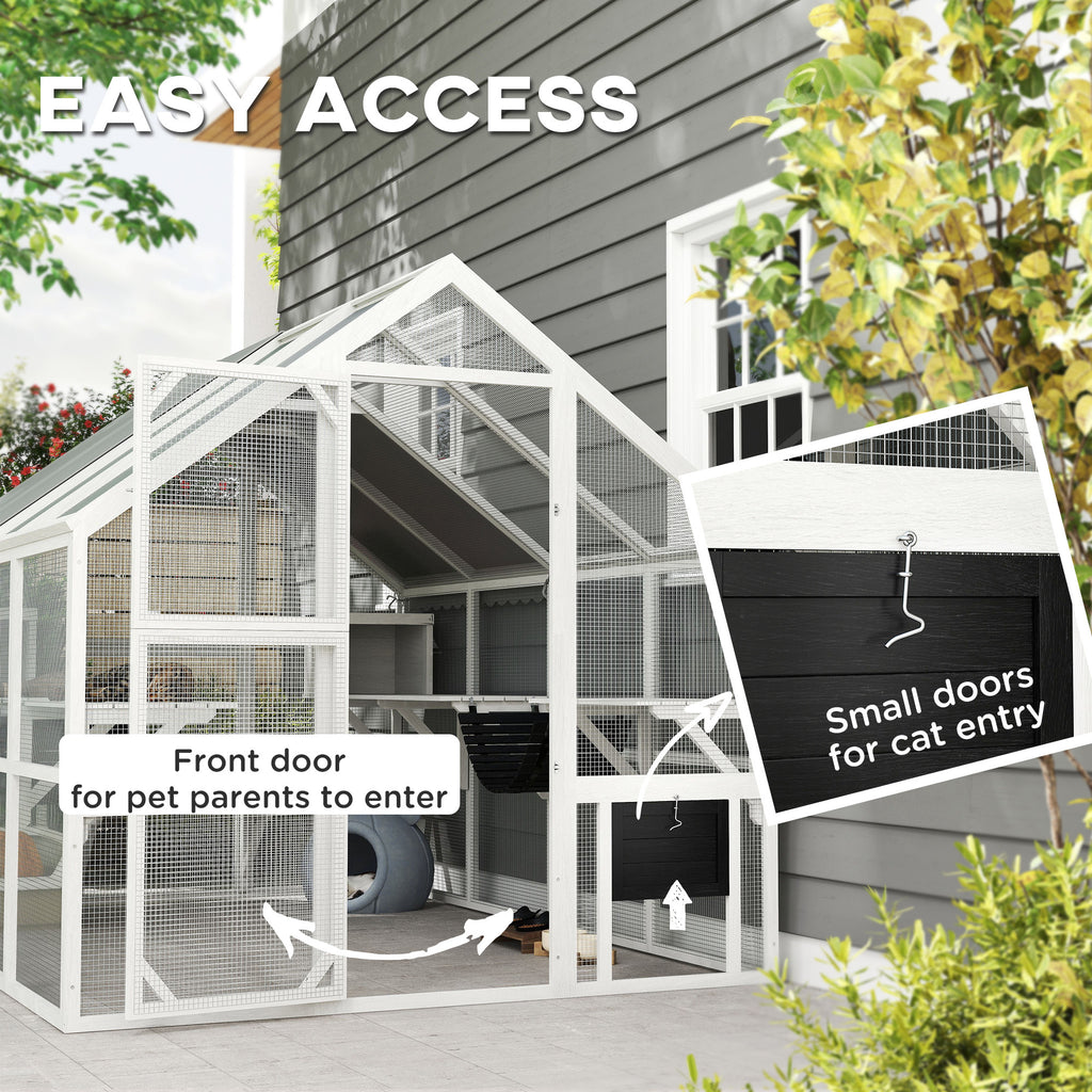 Outdoor Cat Enclosure, Waterproof Cover, 2 Condos, White