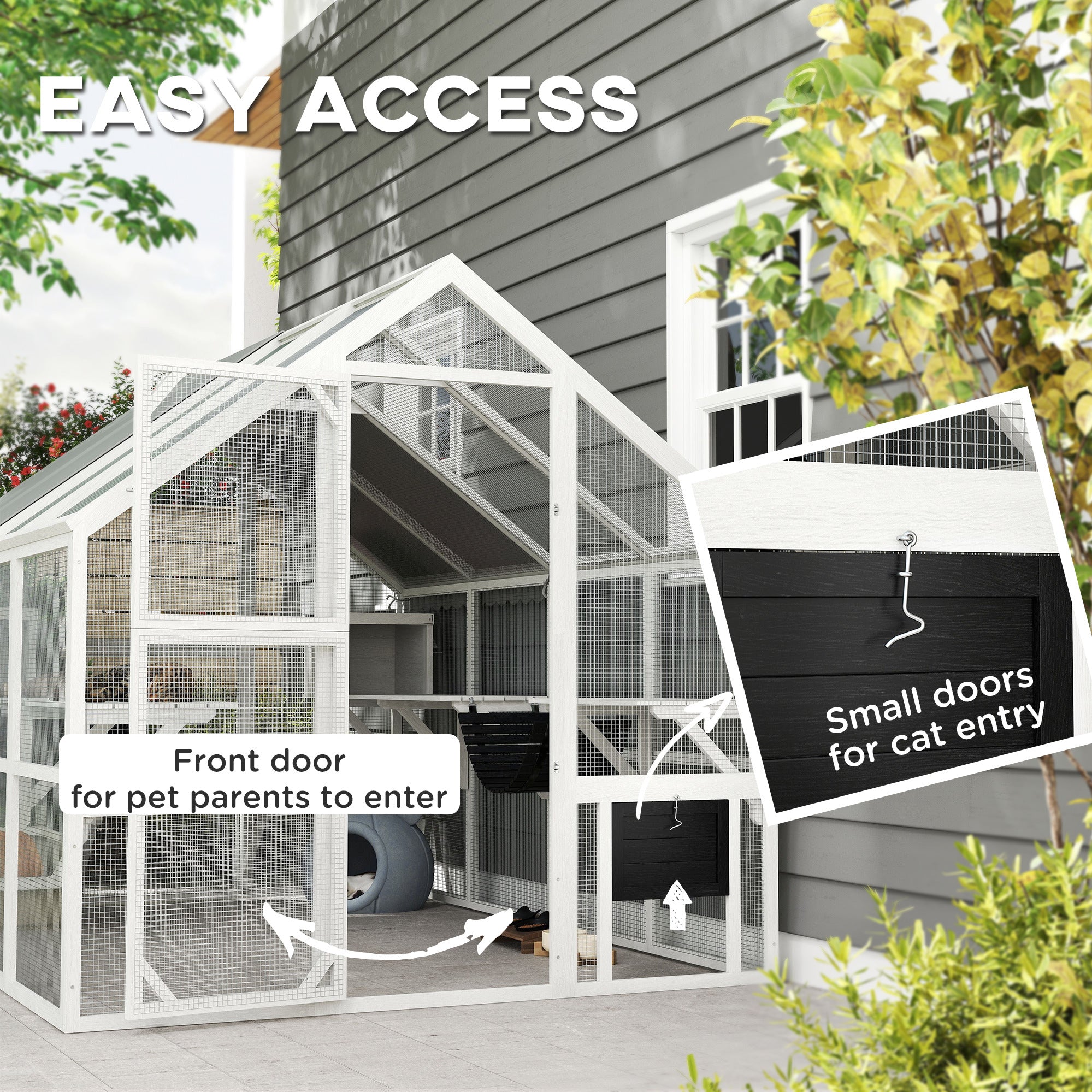 Outdoor Cat Enclosure, Waterproof Cover, 2 Condos, White