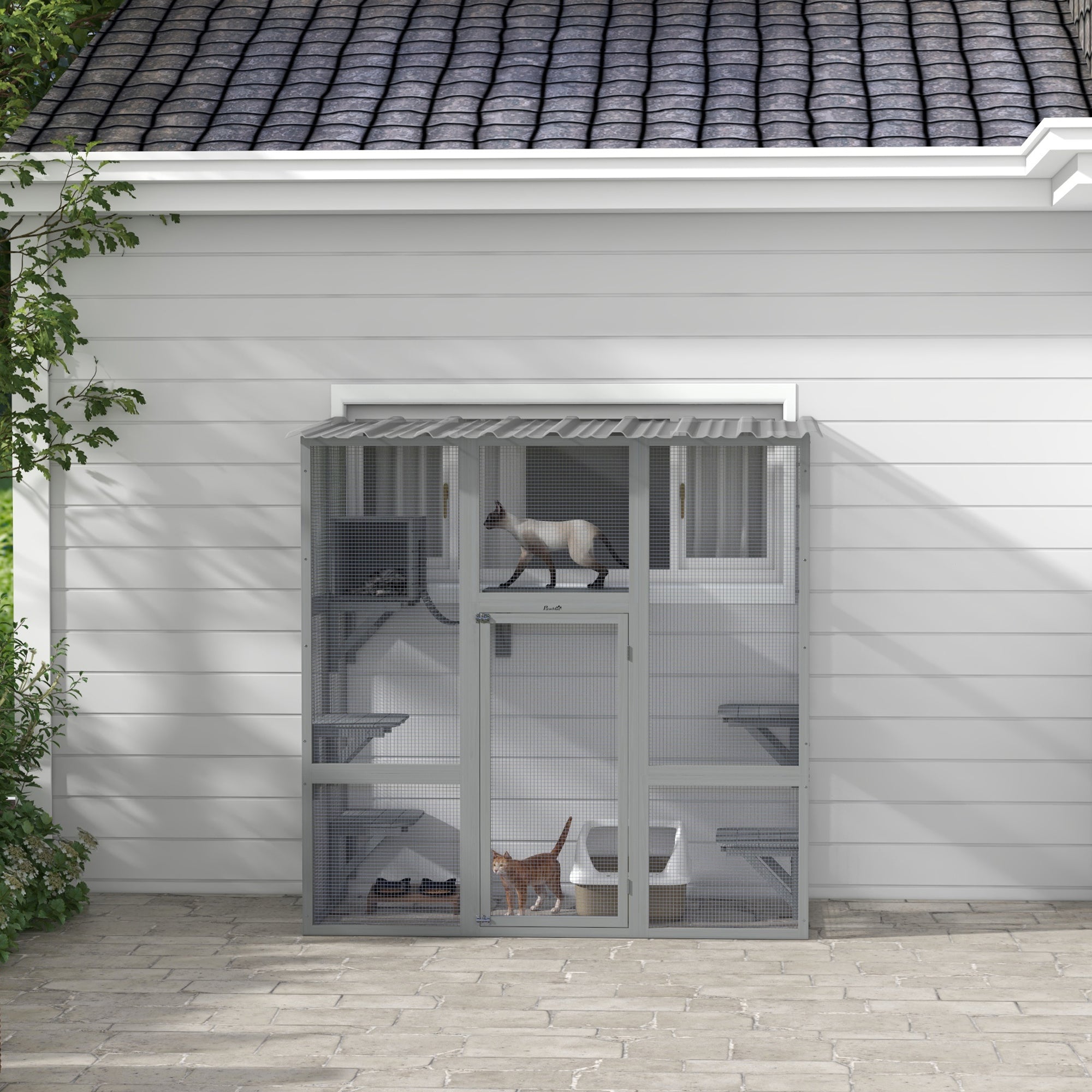 Elegant Cat Window Enclosure with Bridge & Platforms, Gray