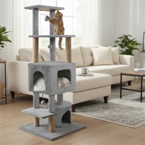 64" Light Gray Cat Tower with Plush Perches