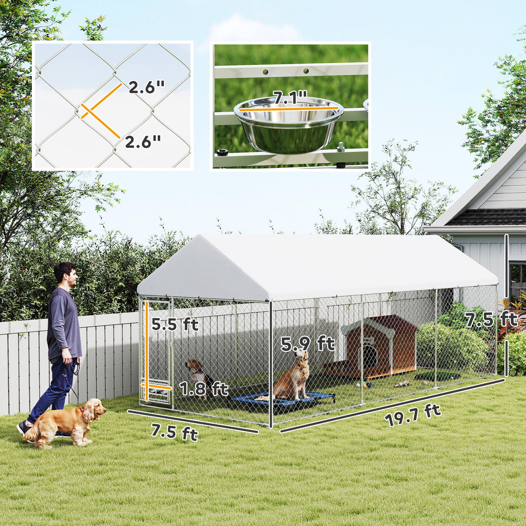 Outdoor Dog Kennel with Bowl Rack, 19.7' x 7.5' x 7.5'
