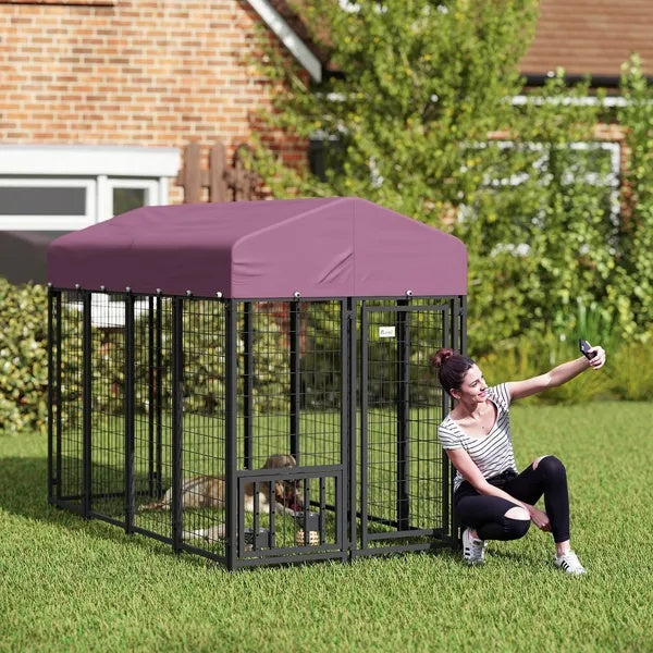 Outdoor Dog Kennel with Rotating Bowls and Cover
