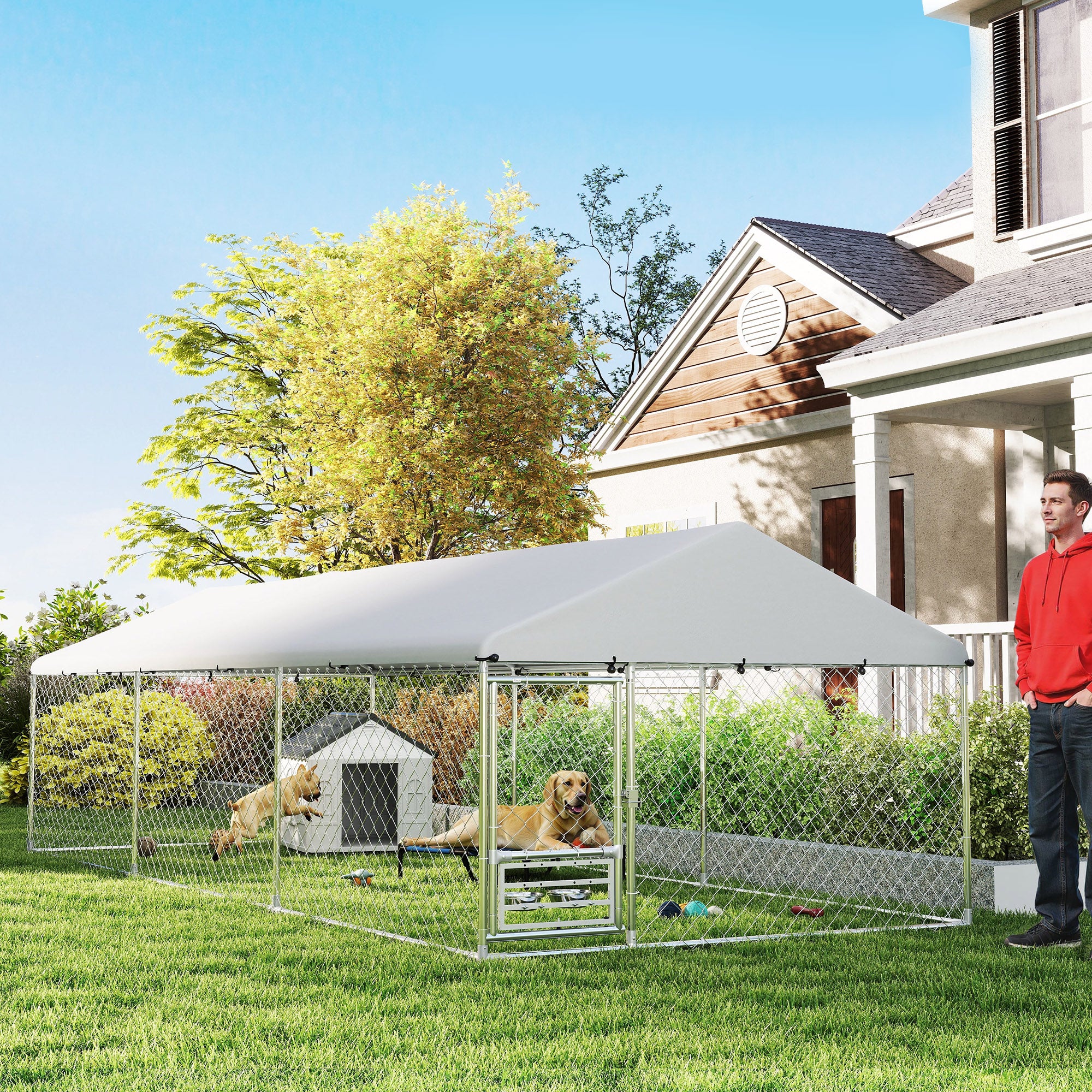 Outdoor Dog Kennel, 19.7' x 7.5' x 5.2', with Bowl Rack