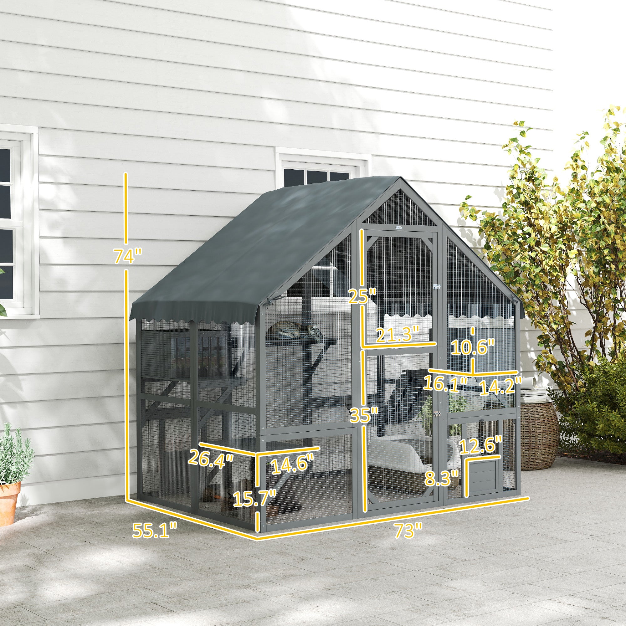 Wooden Catio with Waterproof Cover, 2 Condos, Gray