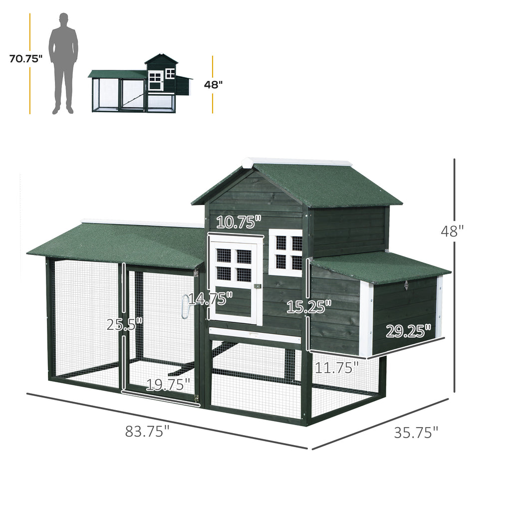 84" Wooden Chicken Coop with Run and Nesting Box, Green
