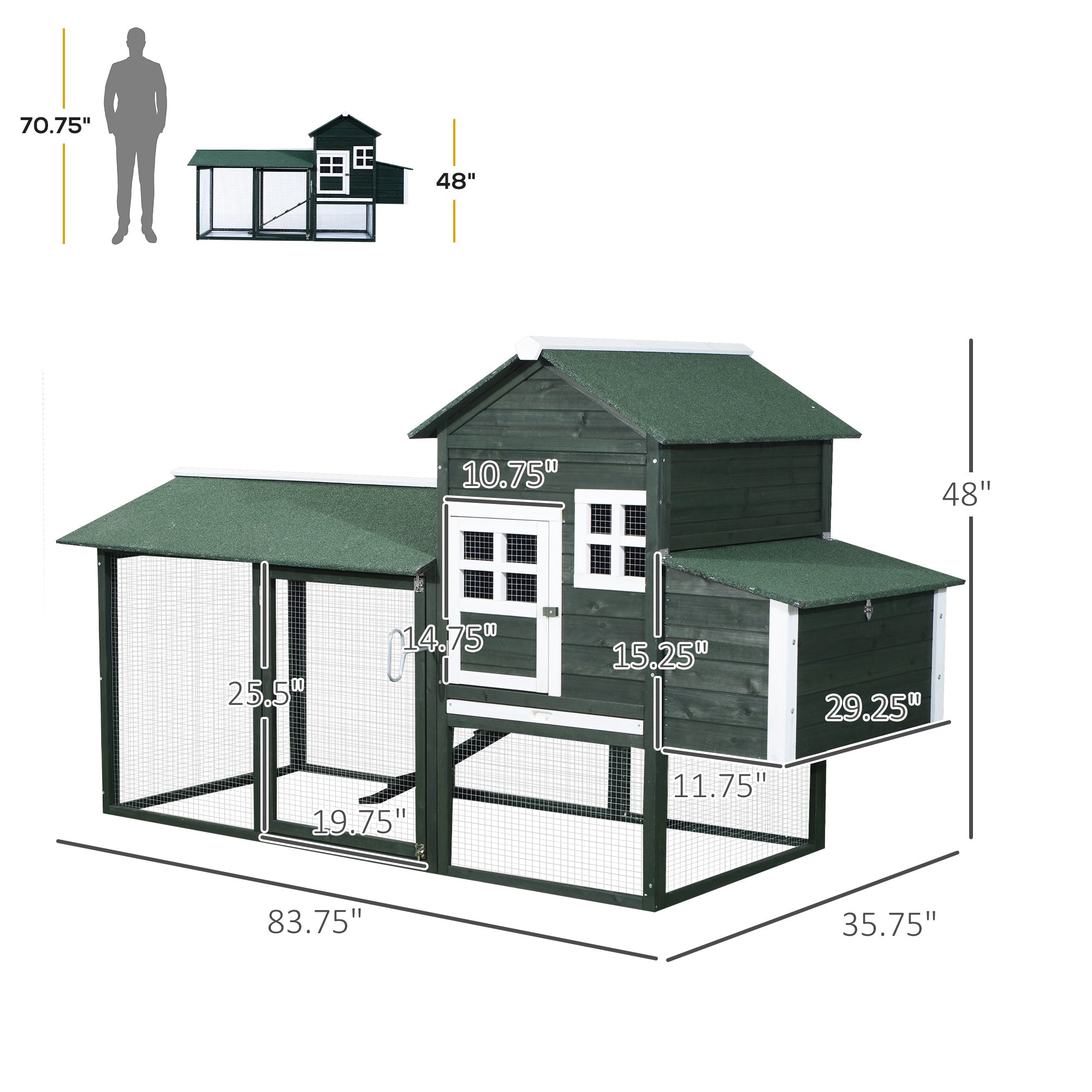 84" Wooden Chicken Coop with Run and Nesting Box, Green