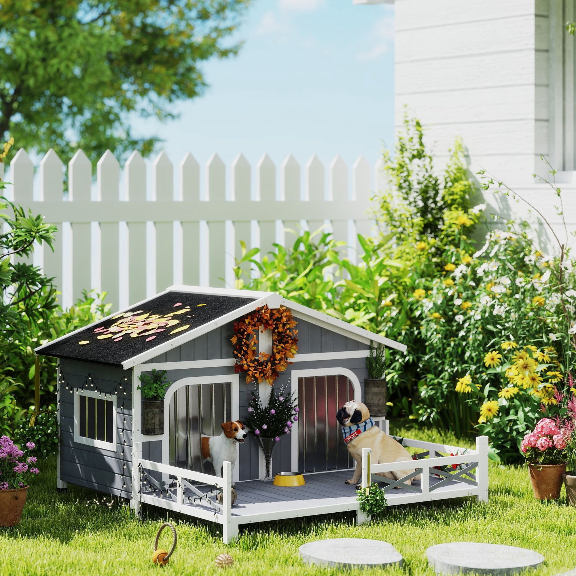 Wooden Outdoor Dog Kennel, Gray Double Room with Porch