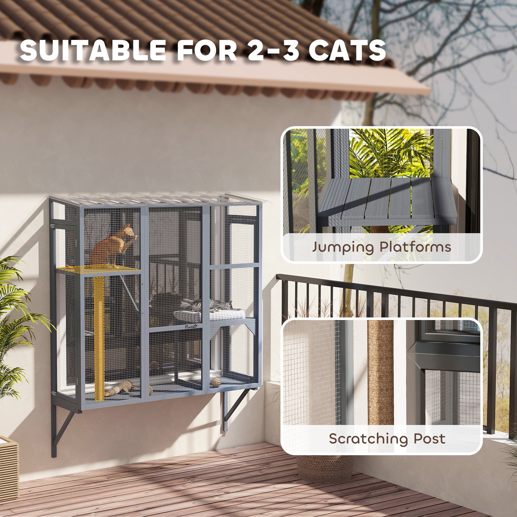 Outdoor Cat Enclosure with 2 Jumping Platforms, Gray