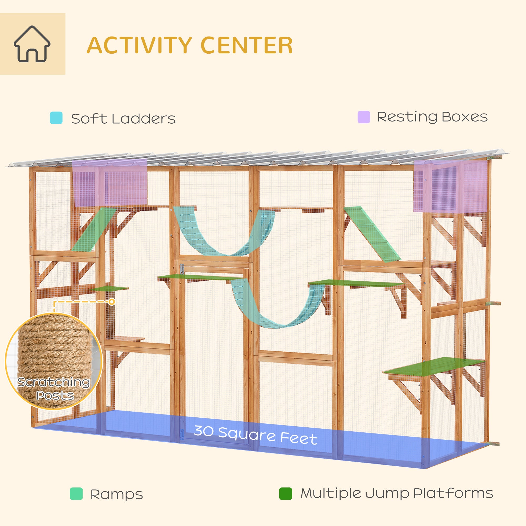 Large Orange Outdoor Cat Enclosure with Multiple Shelves