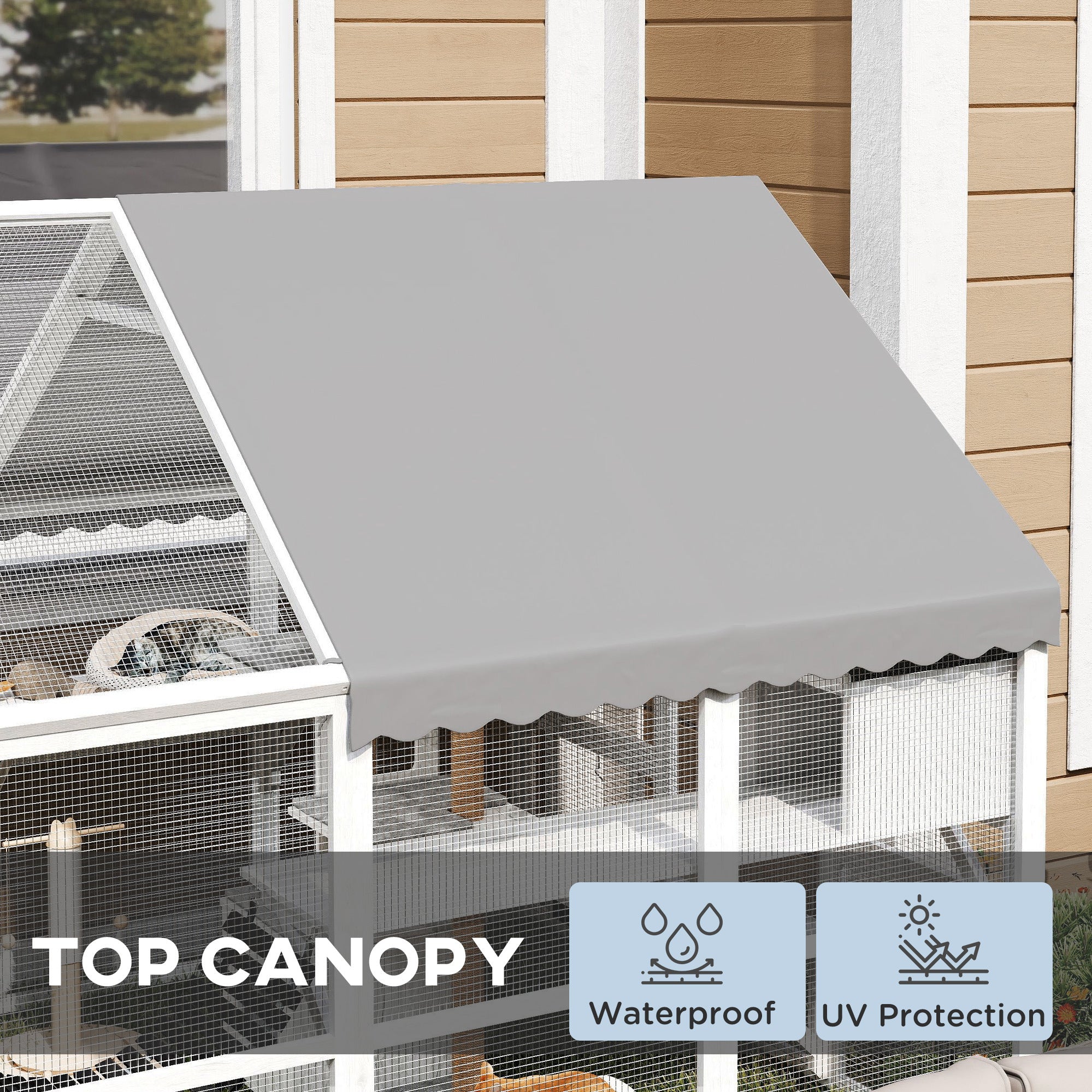Outdoor Cat Enclosure, Waterproof Cover, 2 Condos, White