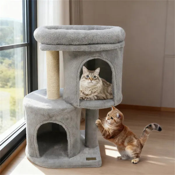 26" Compact Cat Tree with Two Condos & Scratching Posts