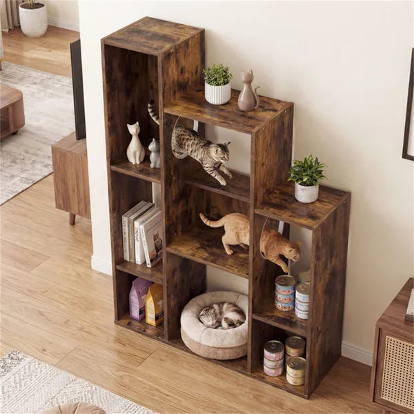 Cat Bookshelf Cabinet, Rustic Brown, 8 Storage Sections