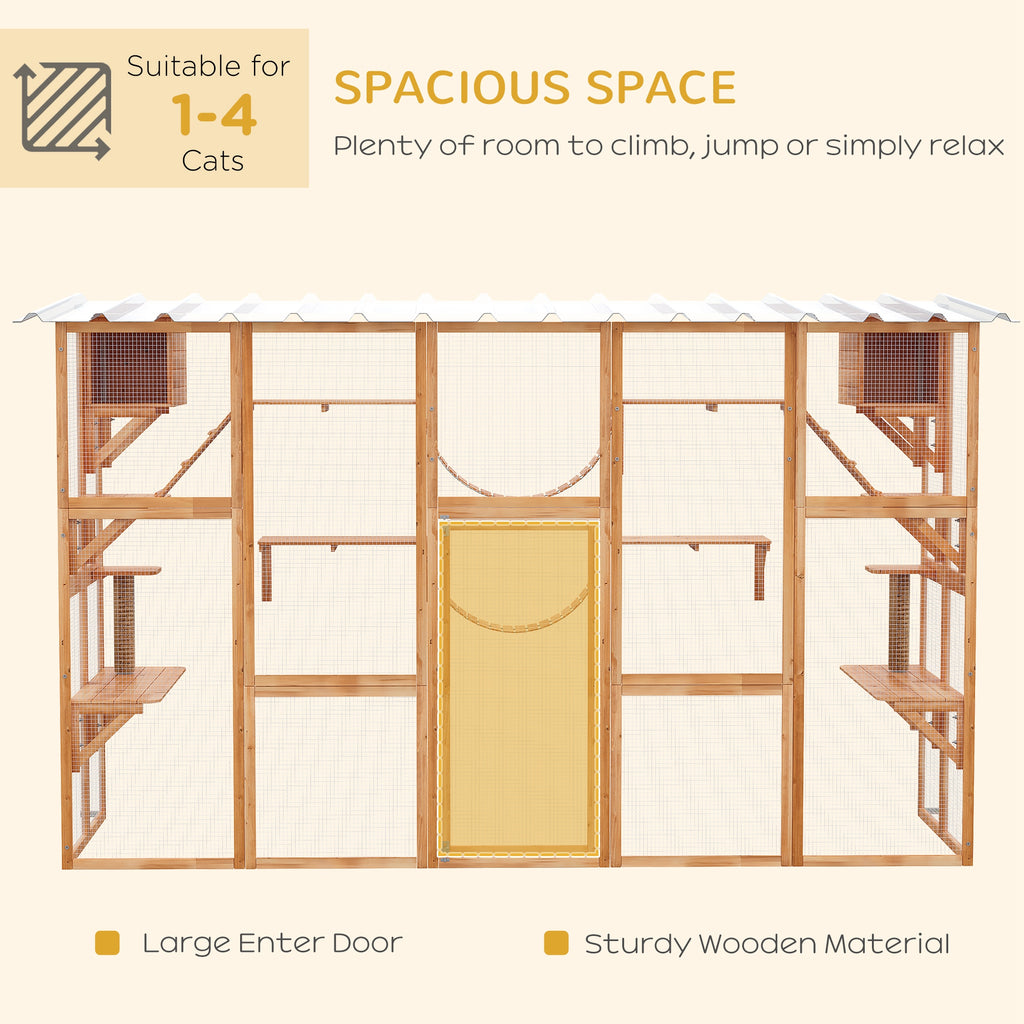 Large Orange Outdoor Cat Enclosure with Multiple Shelves