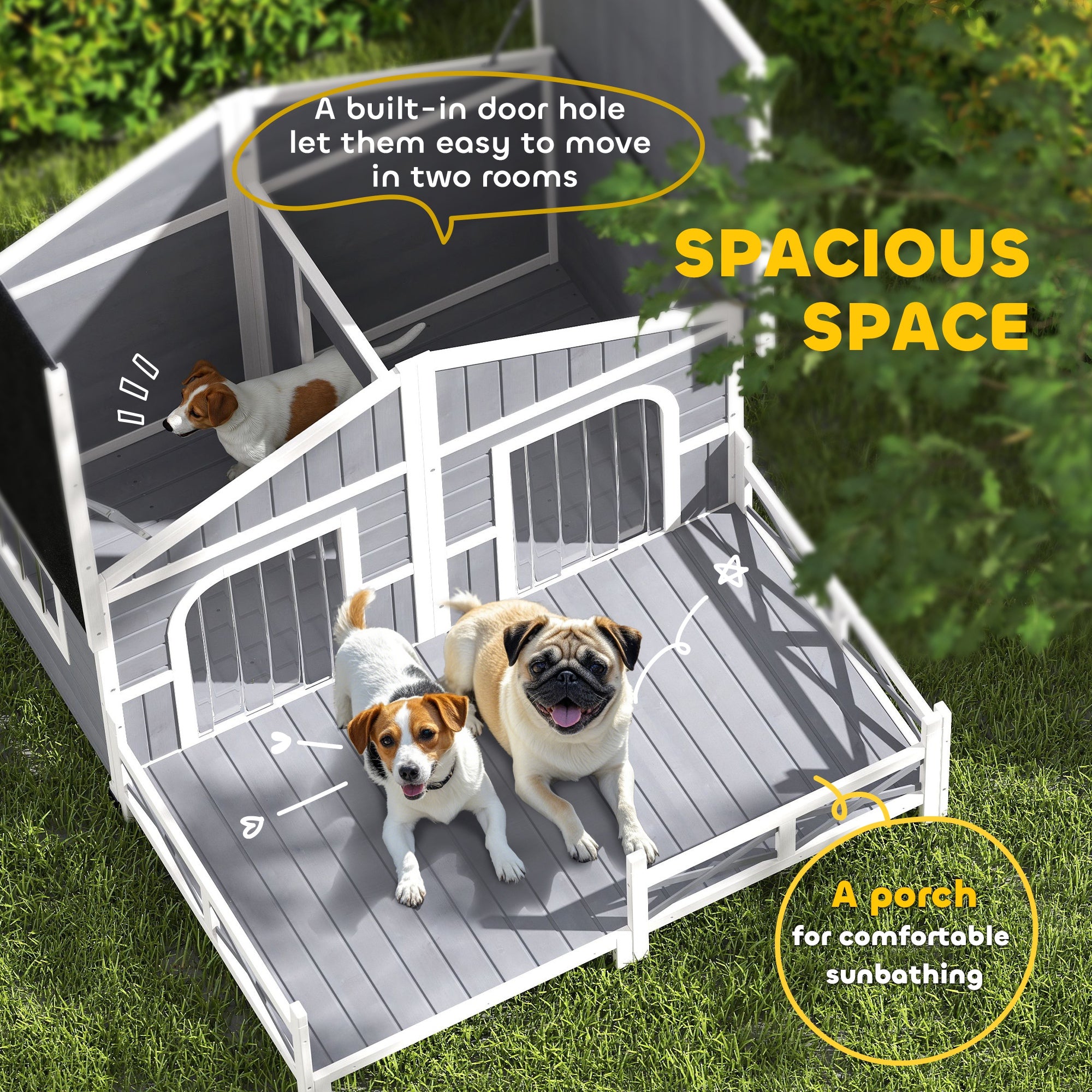 Wooden Outdoor Dog Kennel, Gray Double Room with Porch