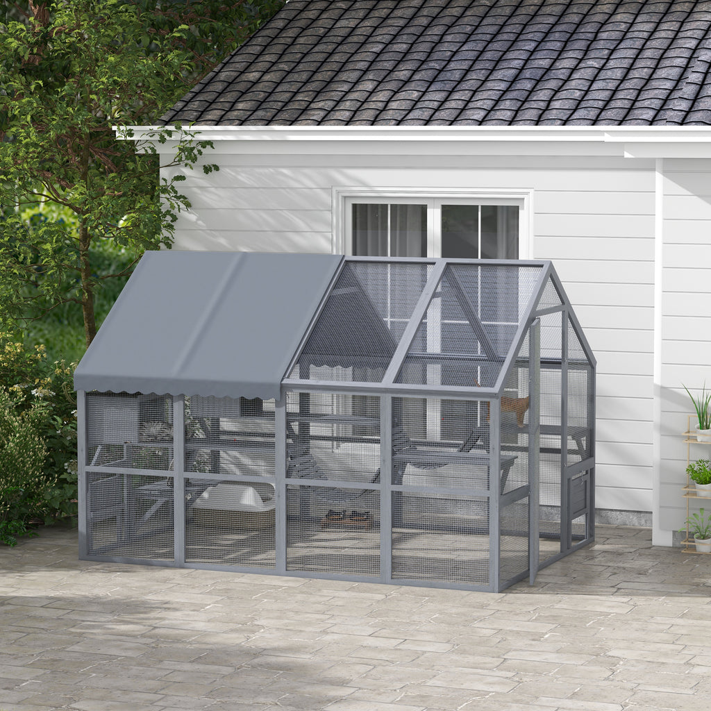 Wooden Catio with Waterproof Cover, 2 Condos, 6 Platforms, G