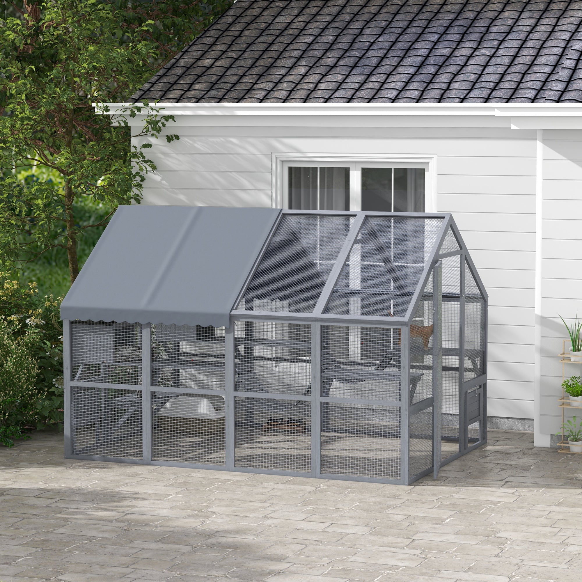 Wooden Catio with Waterproof Cover, 2 Condos, 6 Platforms, G