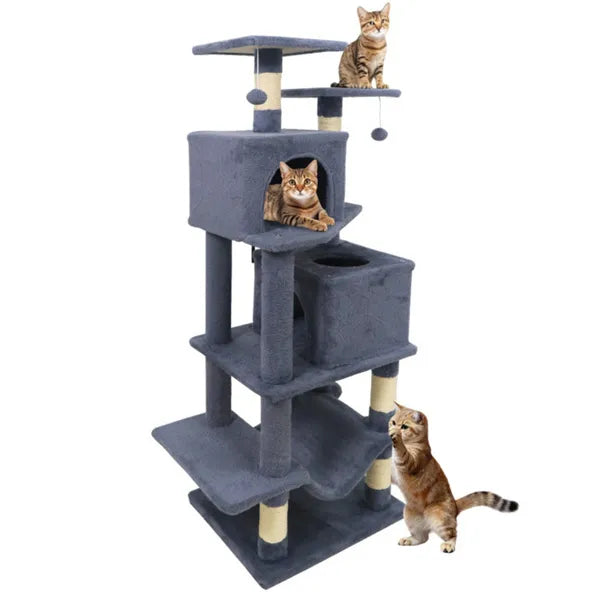 57" Multi-Level Cat Tree, 2 Condos & Hammock - Gray