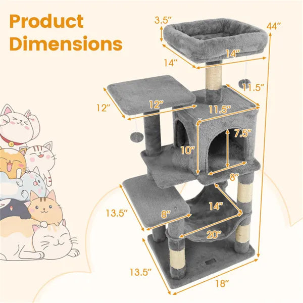 44" Multi-Level Cat Tree with Spacious Top Perch