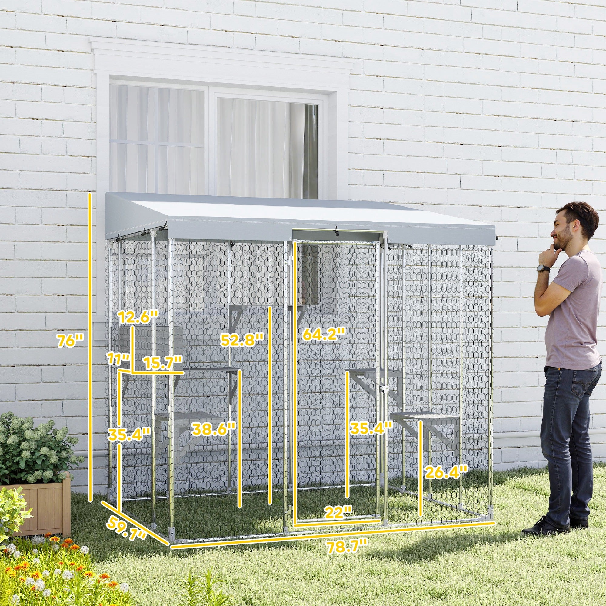 79" Galvanized Steel Catio with Canopy, 1-3 Kittens, Silver