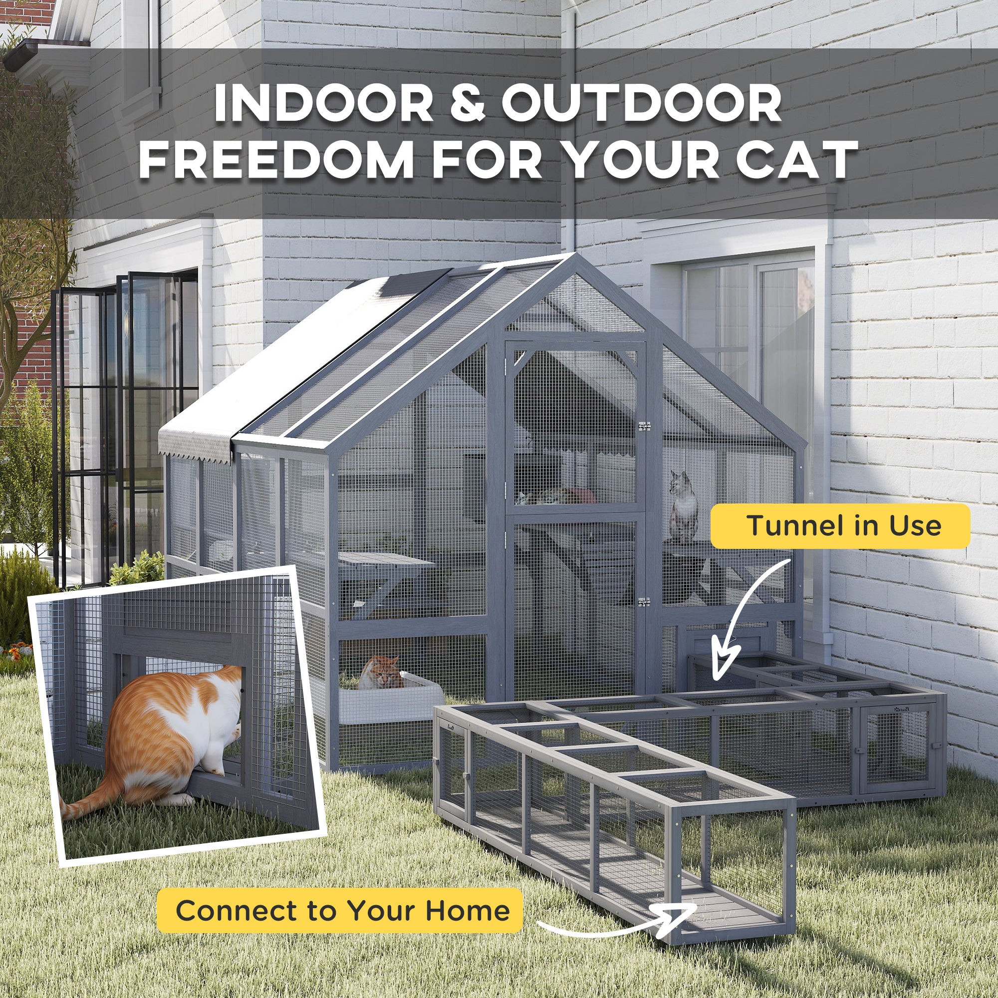 Wooden Catio with Waterproof Cover, 2 Condos, 6 Platforms, G