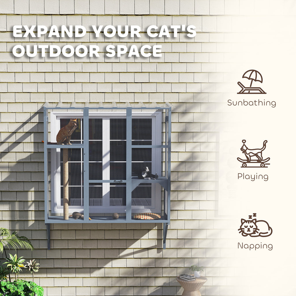 Outdoor Cat Enclosure with 2 Jumping Platforms, Gray