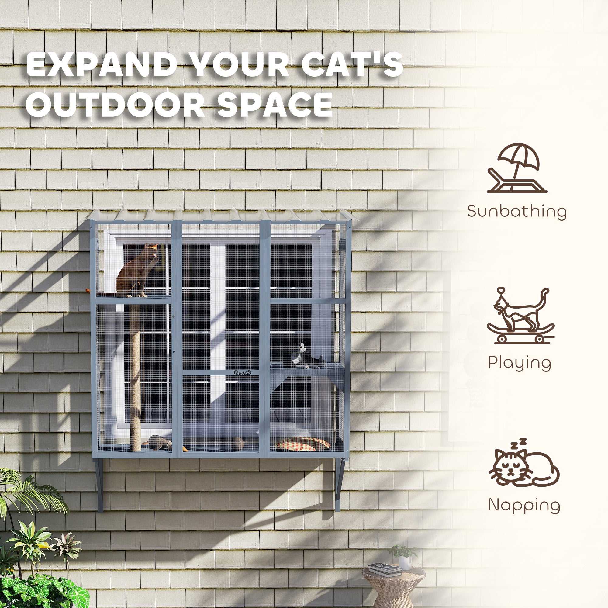 Outdoor Cat Enclosure with 2 Jumping Platforms, Gray