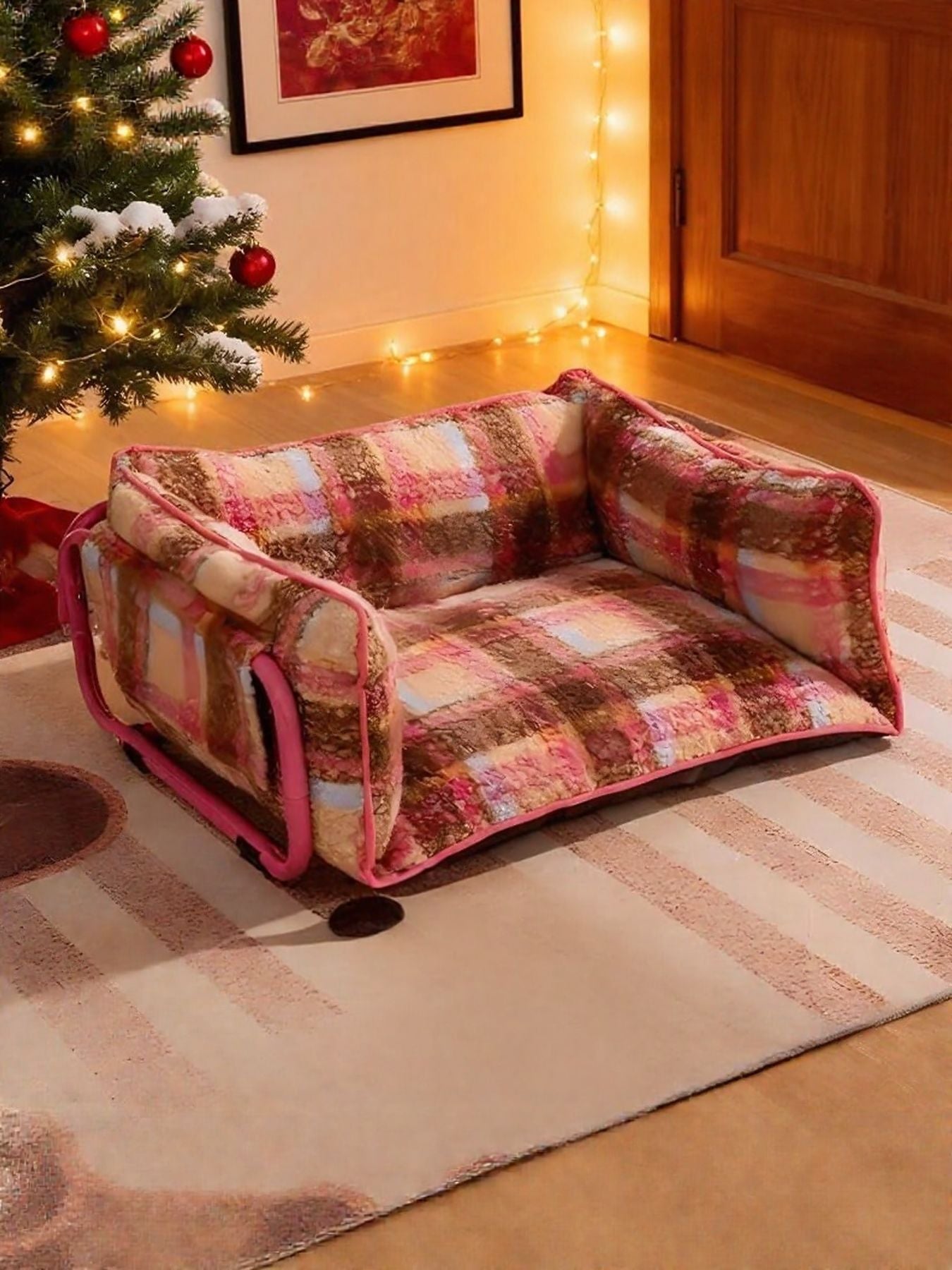 Elegant Plaid Pet Sofa Bed with Plush Cushion