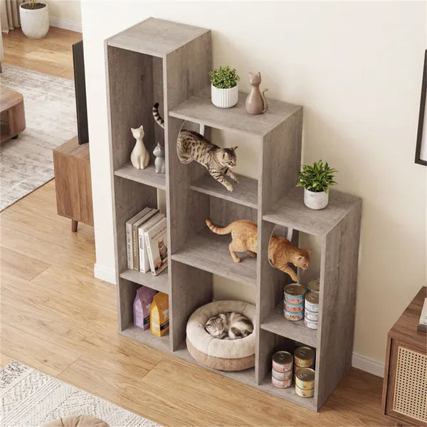 Noble Feline Bookshelf Cabinet, Gray Oak
