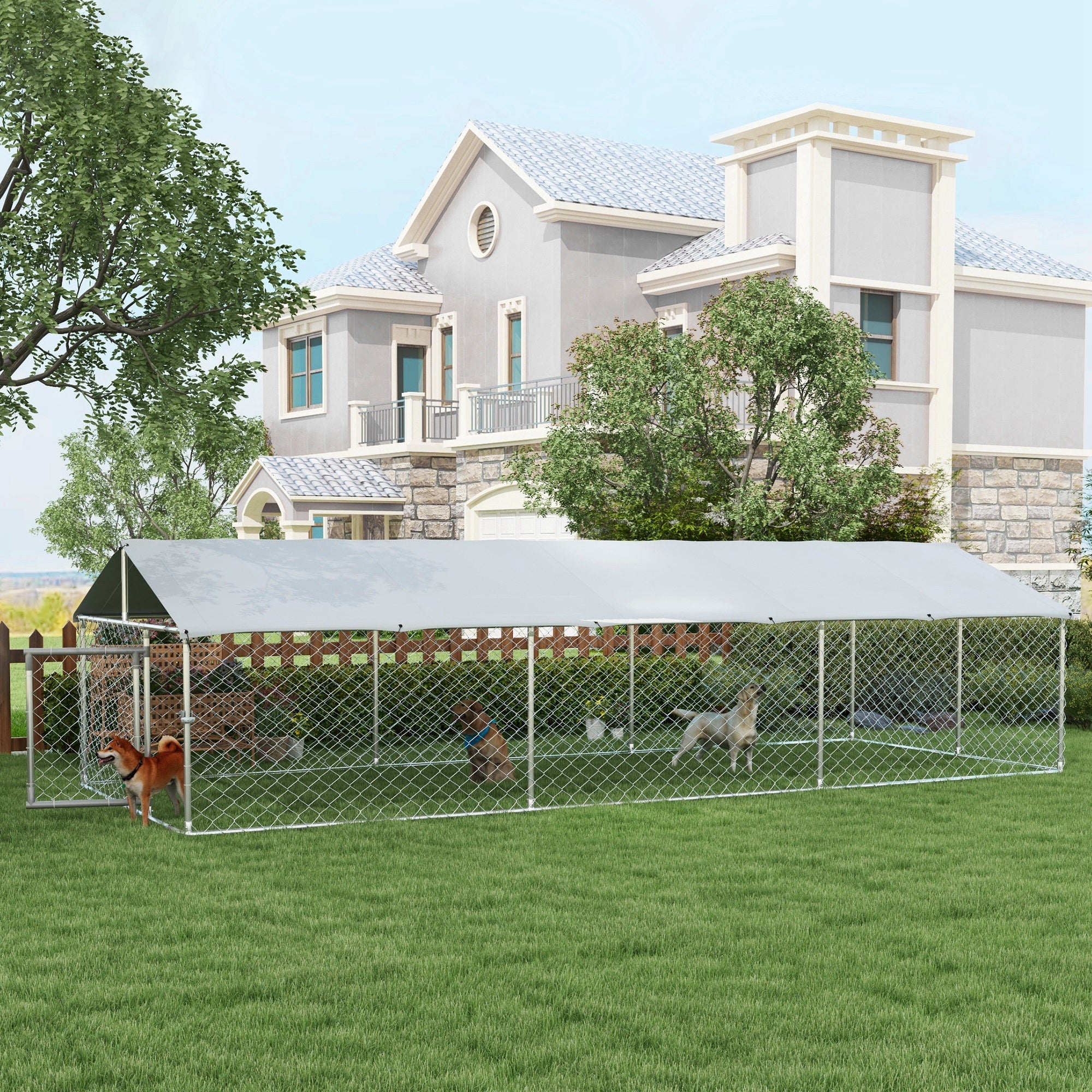 Large Outdoor Dog Kennel with Waterproof UV Roof, Silver