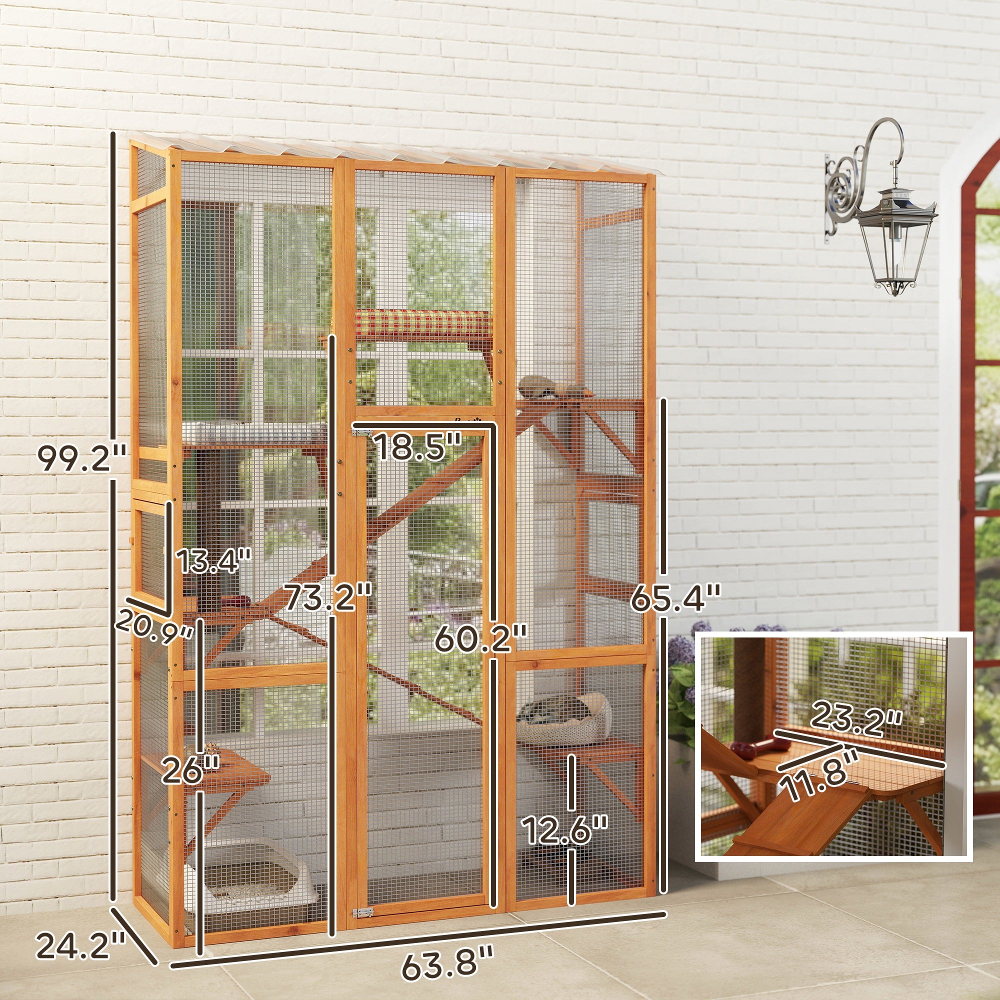 Large Wooden Cat Enclosure with 6 Platforms, Scratching Post