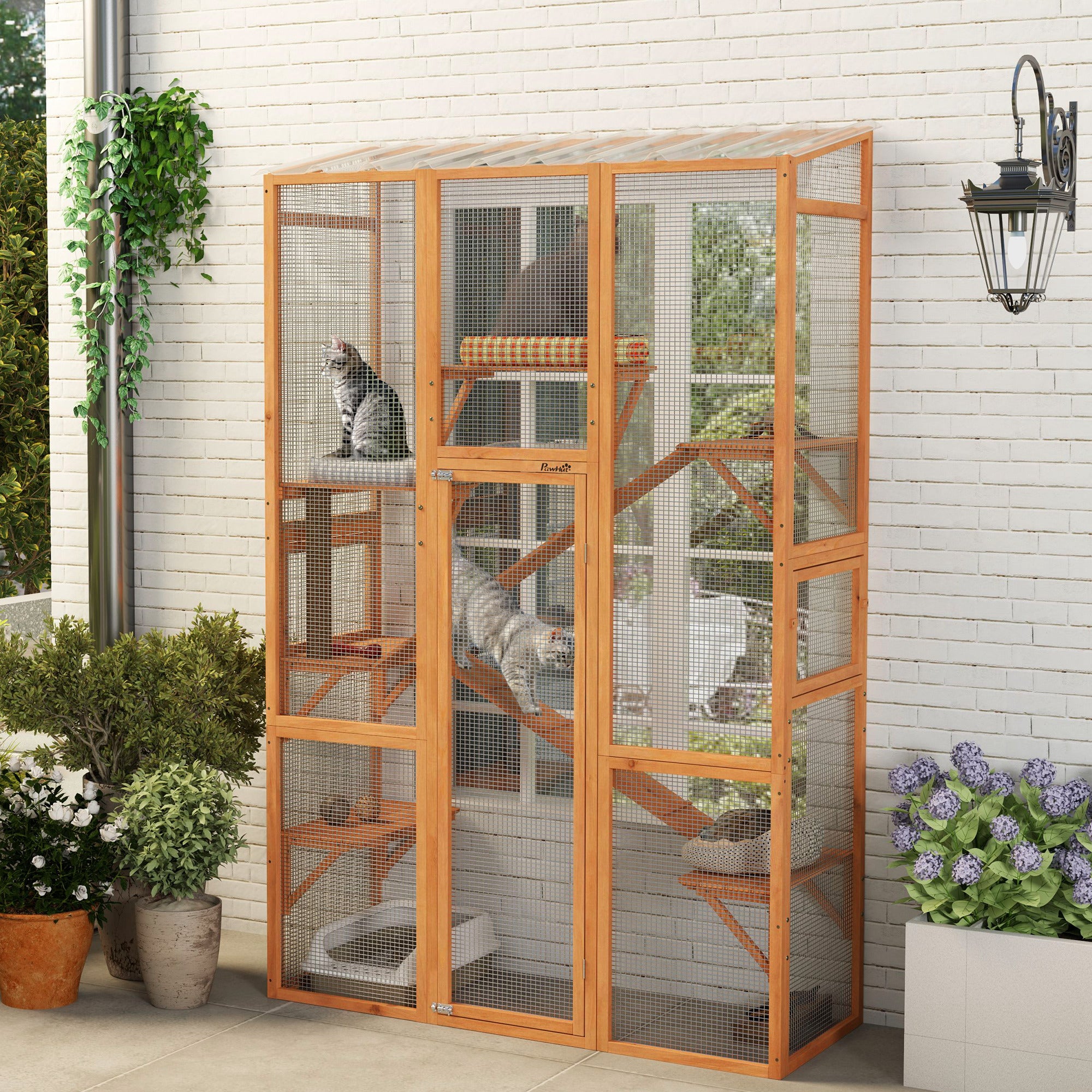 Large Wooden Cat Enclosure with 6 Platforms, Scratching Post