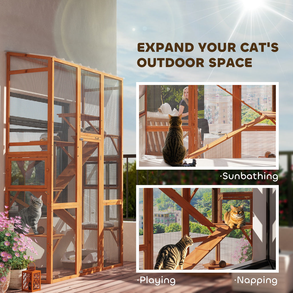 Large Wooden Cat Enclosure with 6 Platforms, Scratching Post