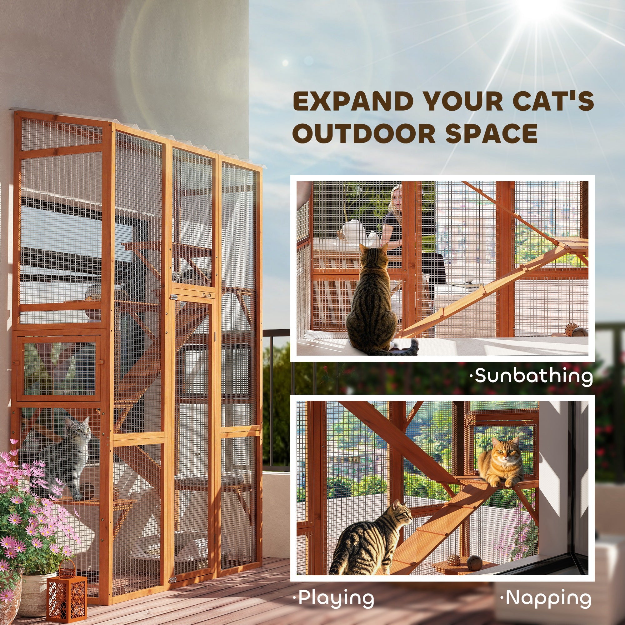 Large Wooden Cat Enclosure with 6 Platforms, Scratching Post