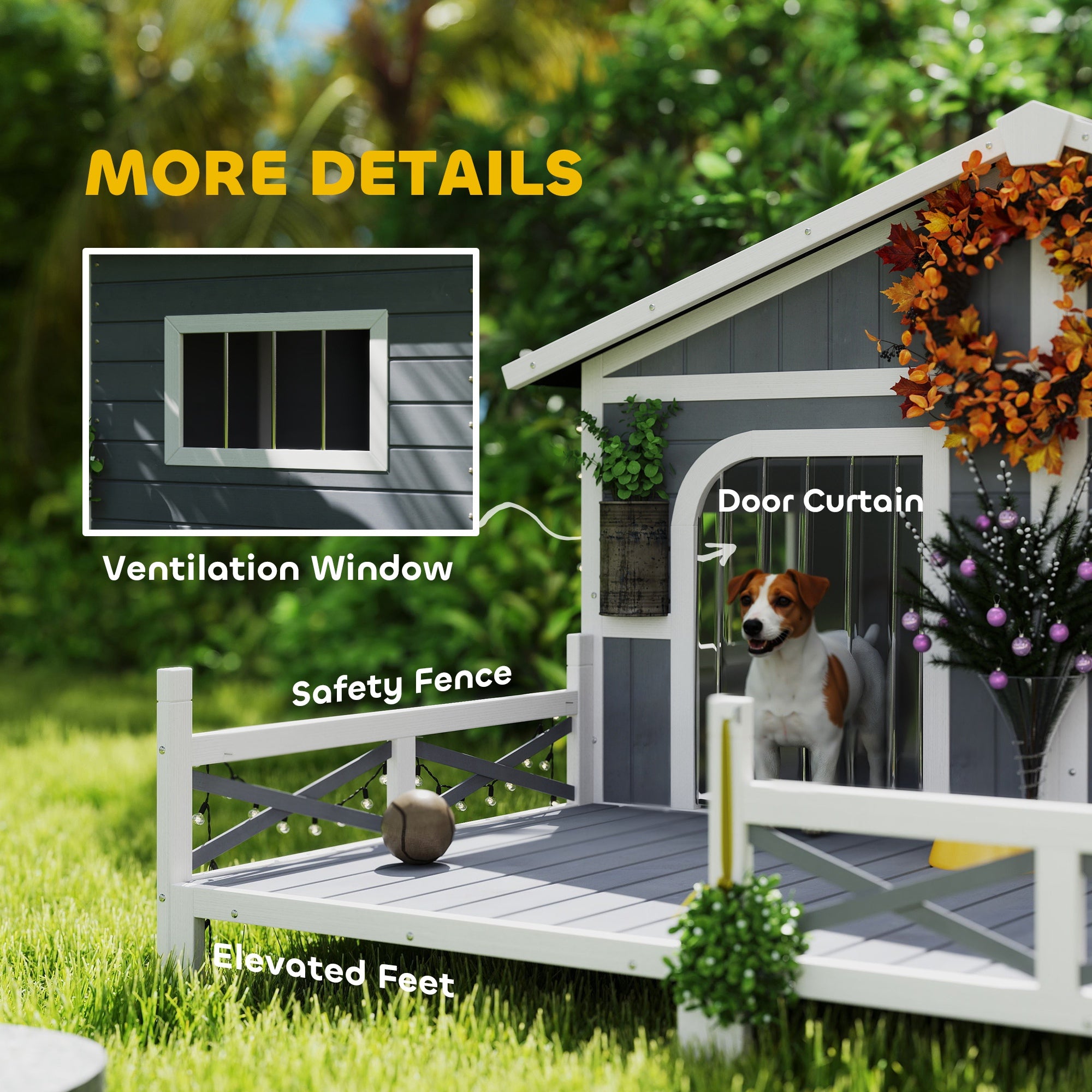 Wooden Outdoor Dog Kennel, Gray Double Room with Porch