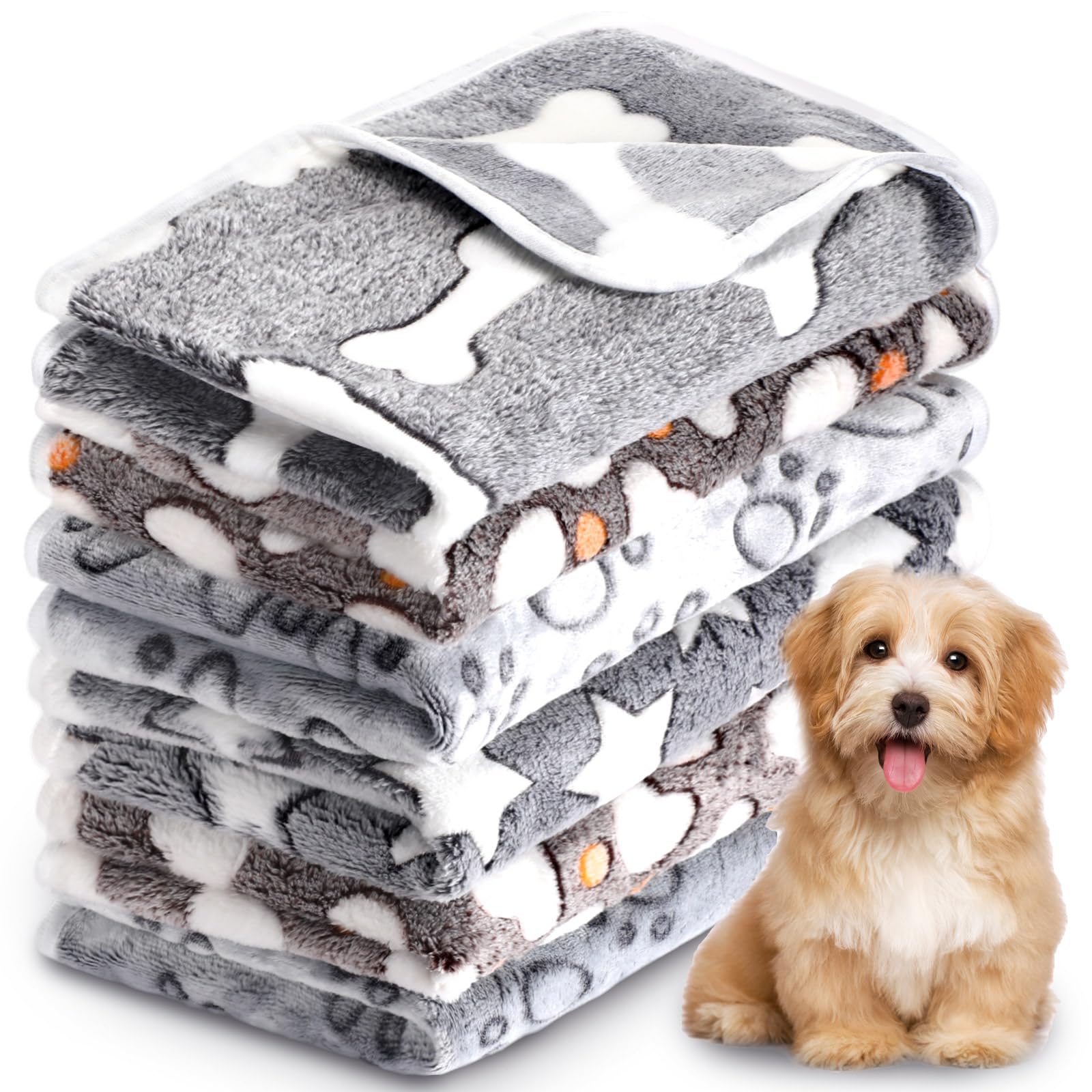 Set of 6 Puppy and Kitten Flannel Blankets, Paw Print