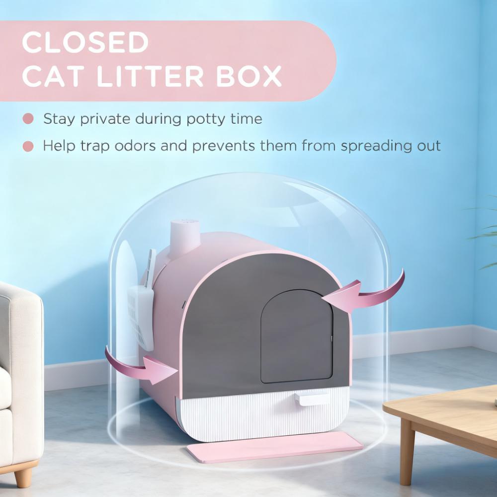 Pink Covered Litter Box with Scoop and Filter
