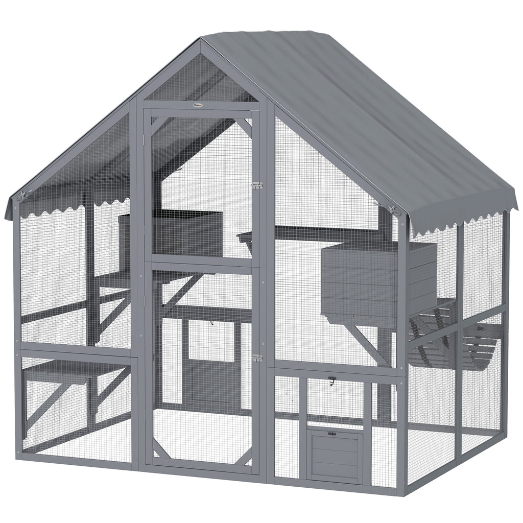 Wooden Catio with Waterproof Cover, 2 Condos, Gray