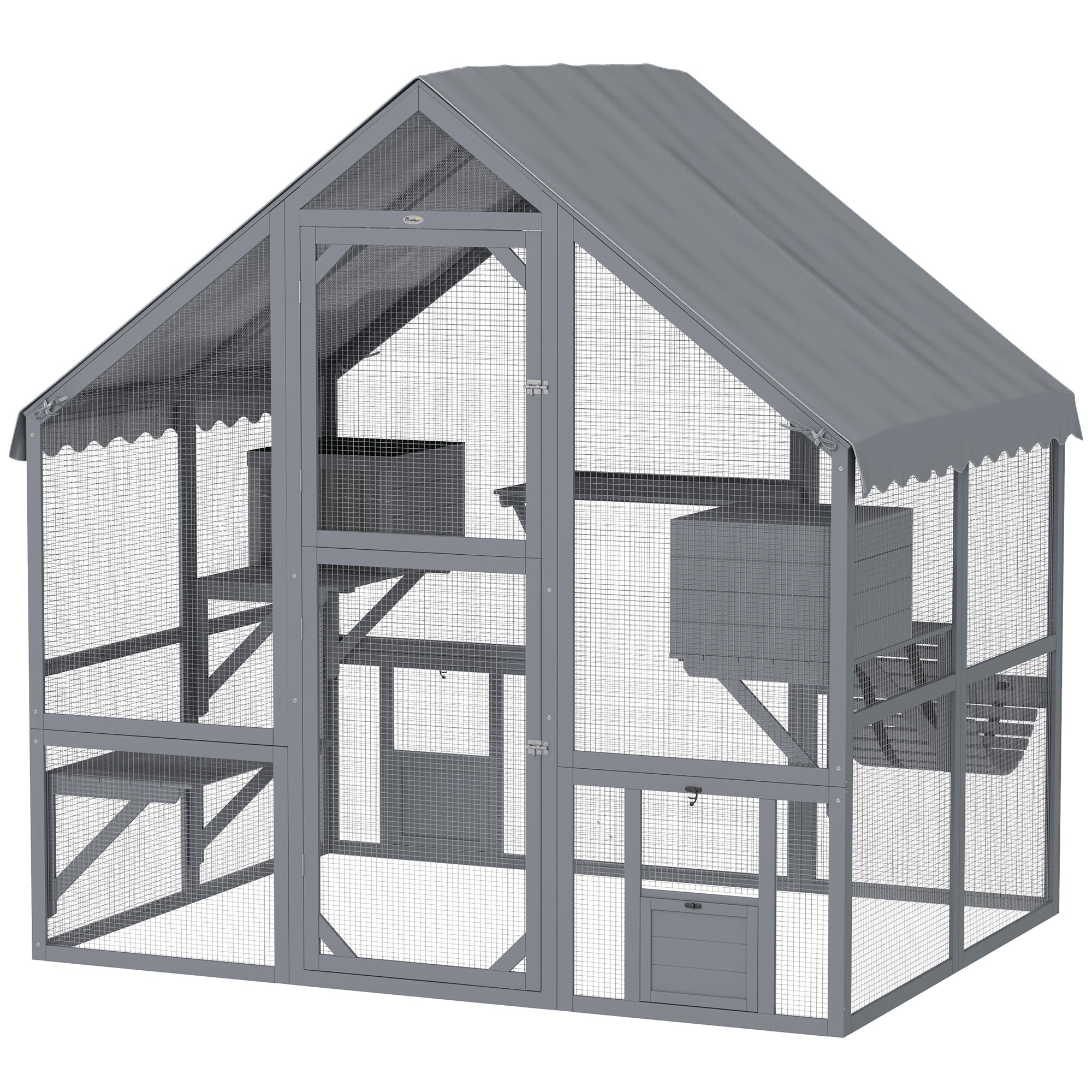 Wooden Catio with Waterproof Cover, 2 Condos, Gray