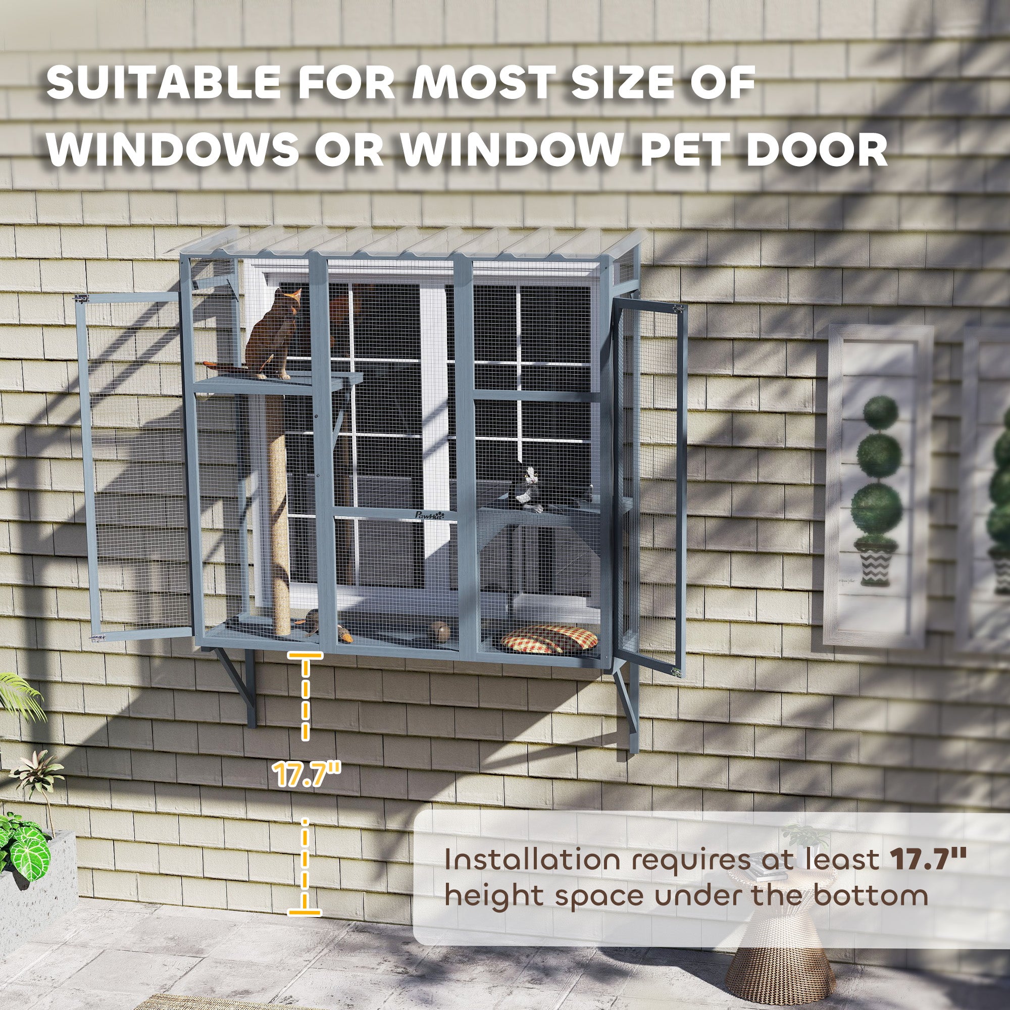 Outdoor Cat Enclosure with 2 Jumping Platforms, Gray