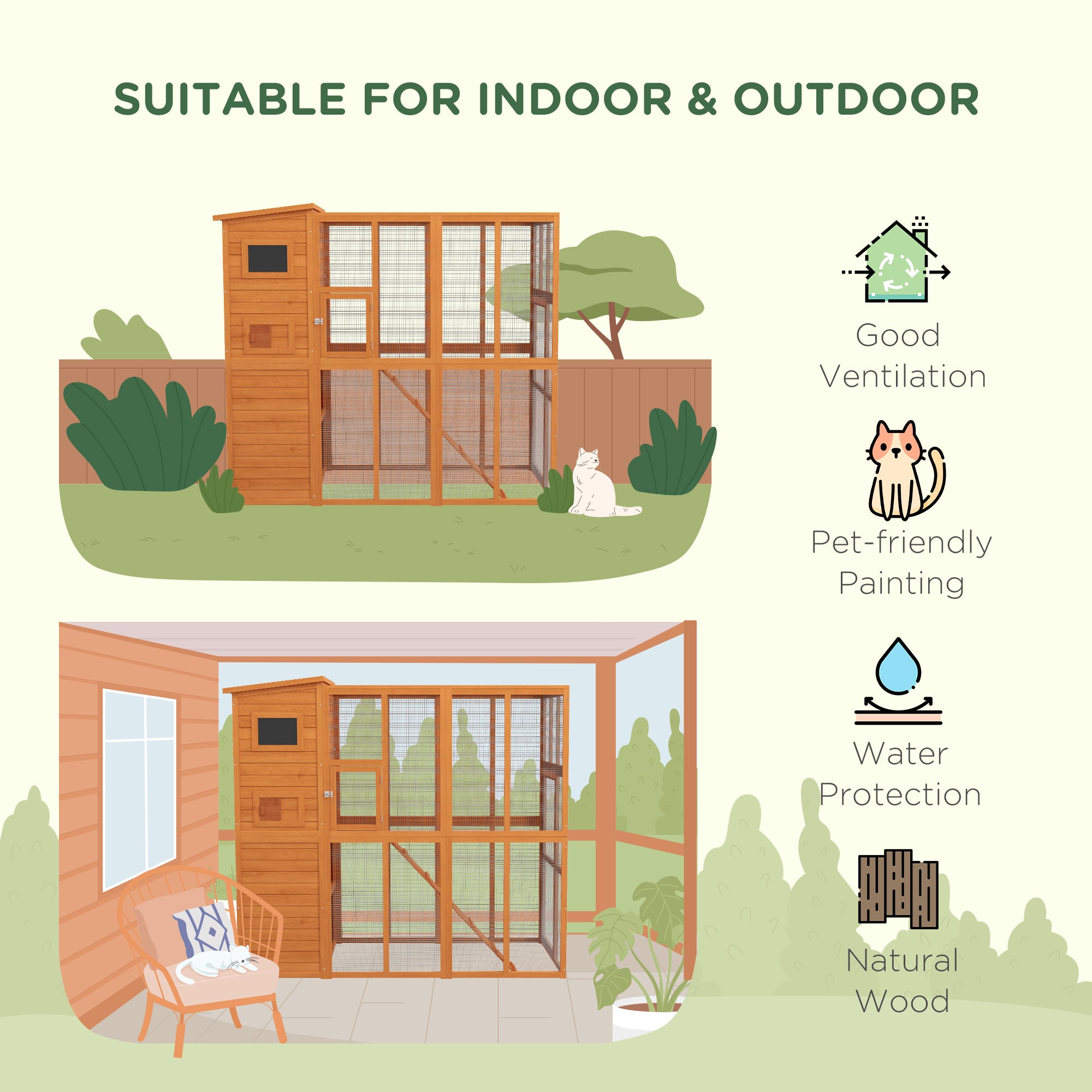 Natural Wooden Outdoor Catio with Platforms and Ramps
