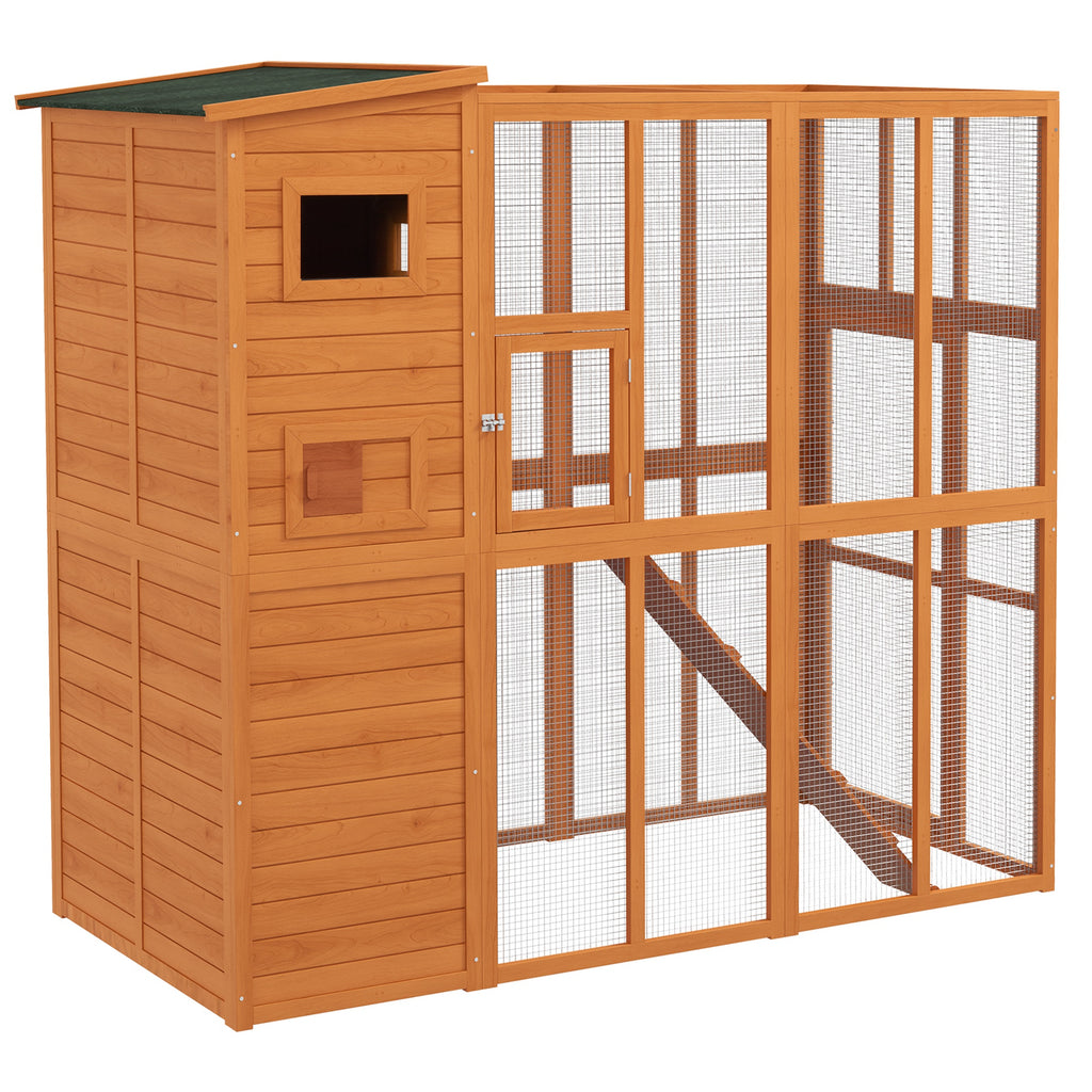 Natural Wooden Outdoor Catio with Platforms and Ramps