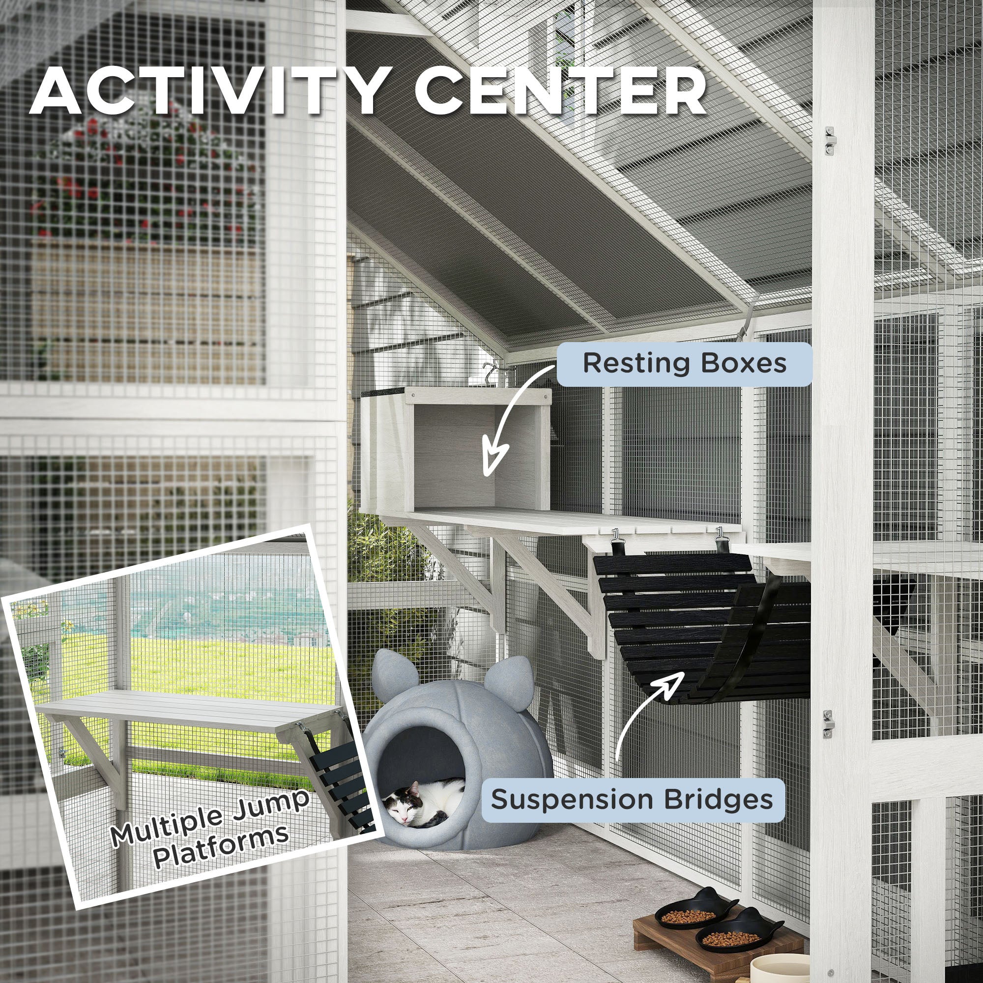 Outdoor Cat Enclosure, Waterproof Cover, 2 Condos, White