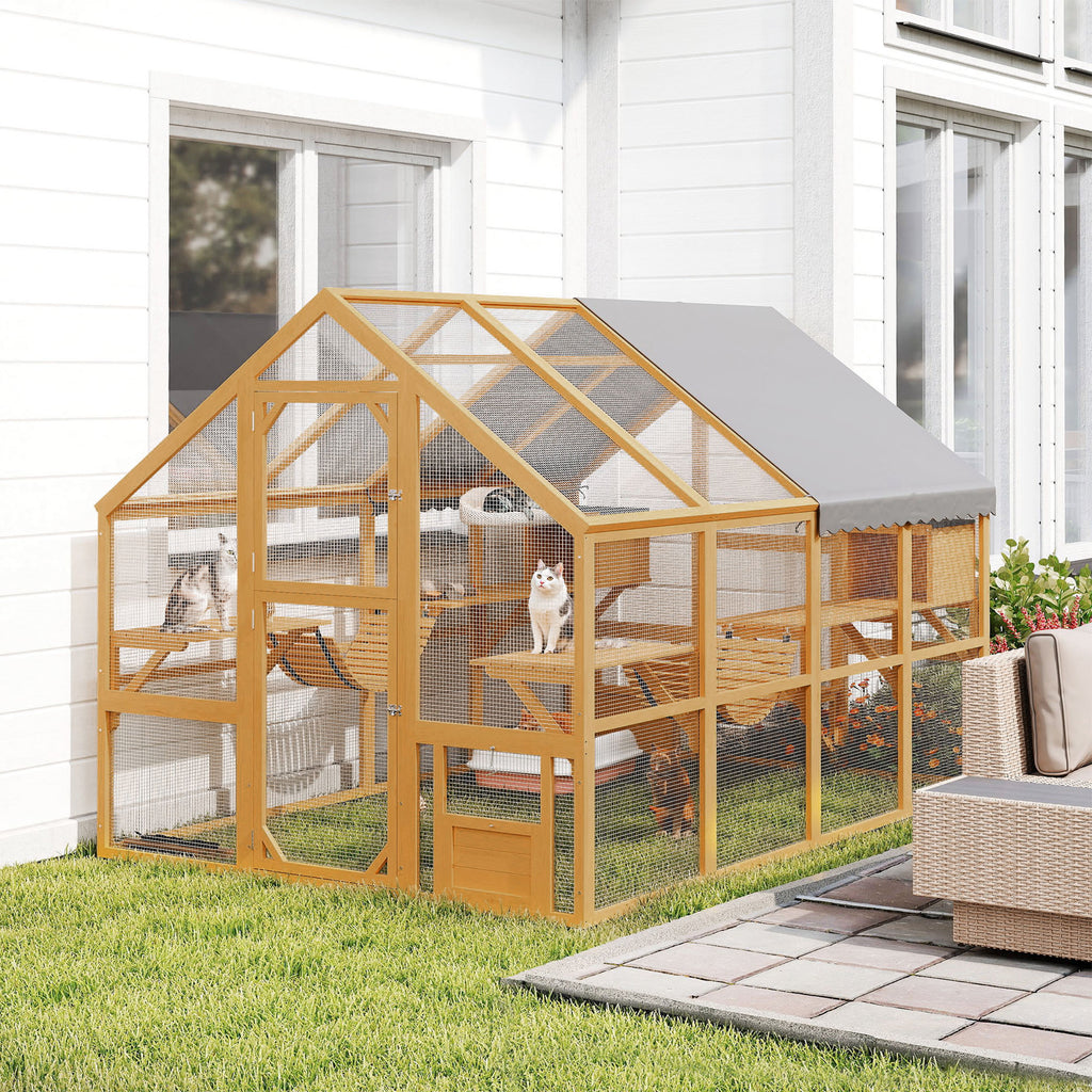 Wooden Catio Outdoor Enclosure, Yellow, 2 Condos, 6 Platform
