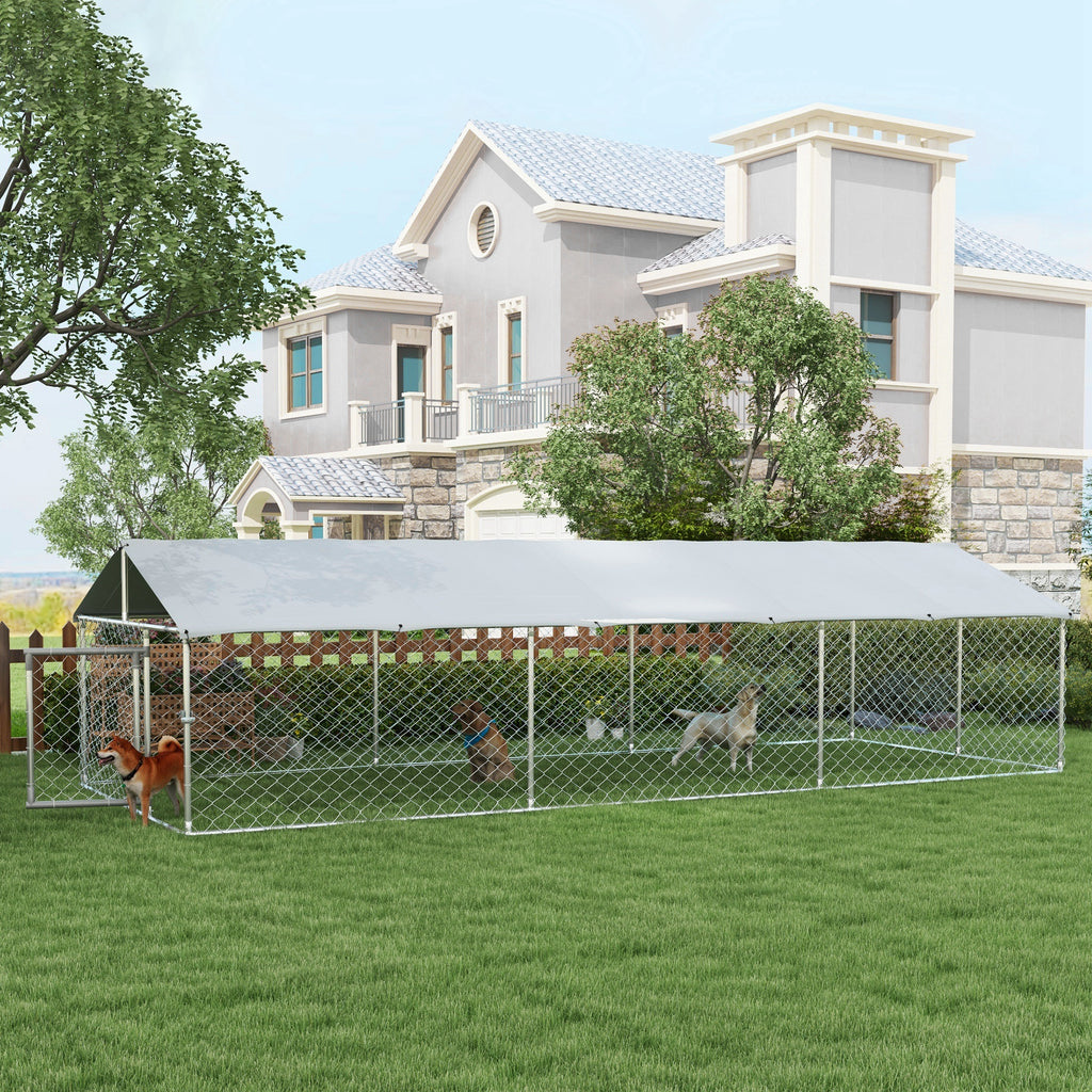 Large Outdoor Dog Kennel with Waterproof UV Roof, Silver