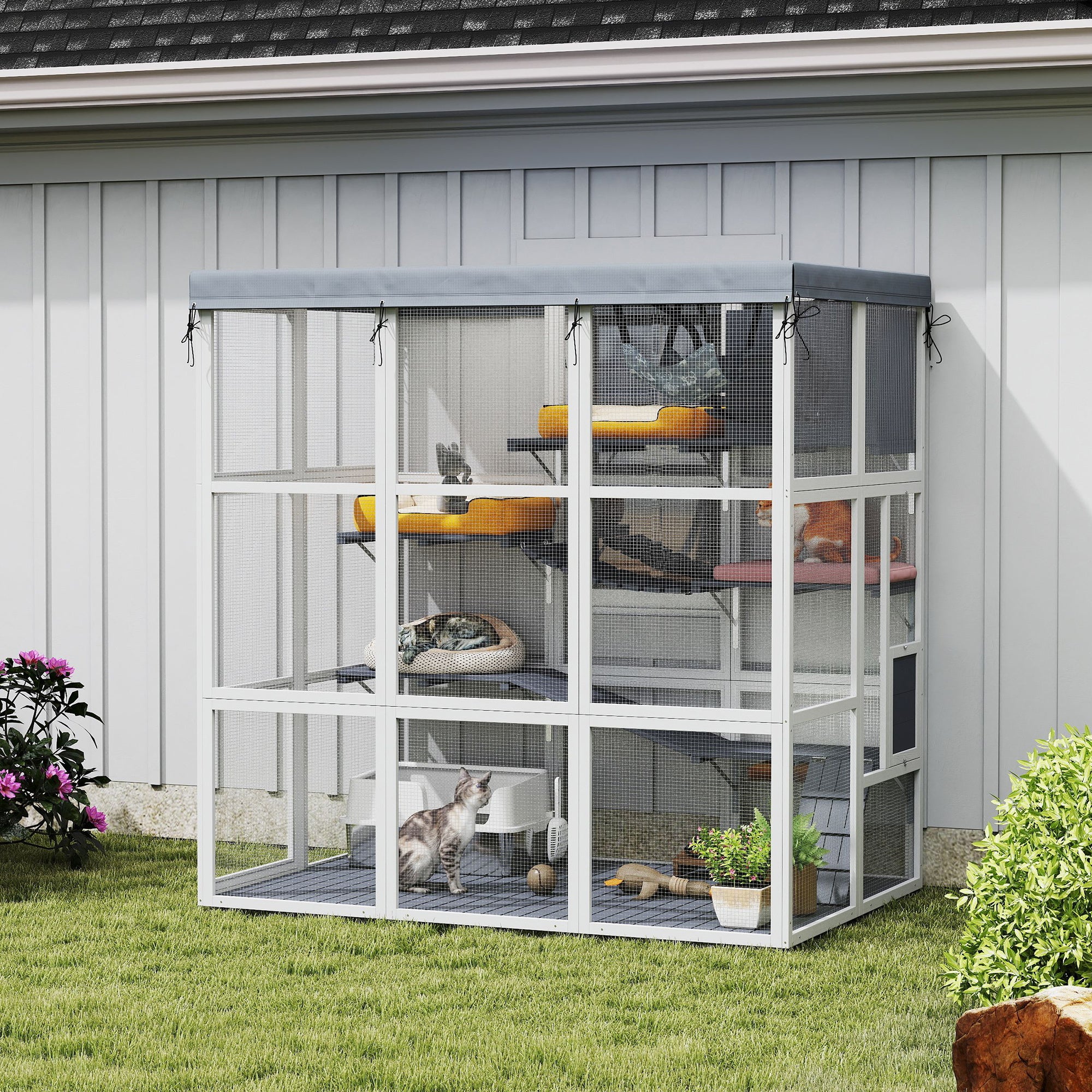 Large Outdoor Catio with Hammock & Condo, Gray