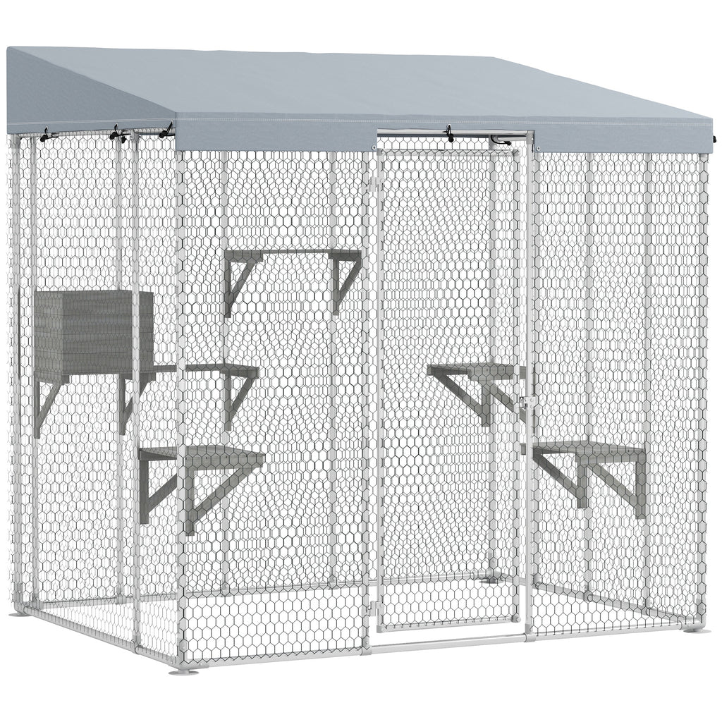 79" Galvanized Steel Catio with Canopy, 1-3 Kittens, Silver